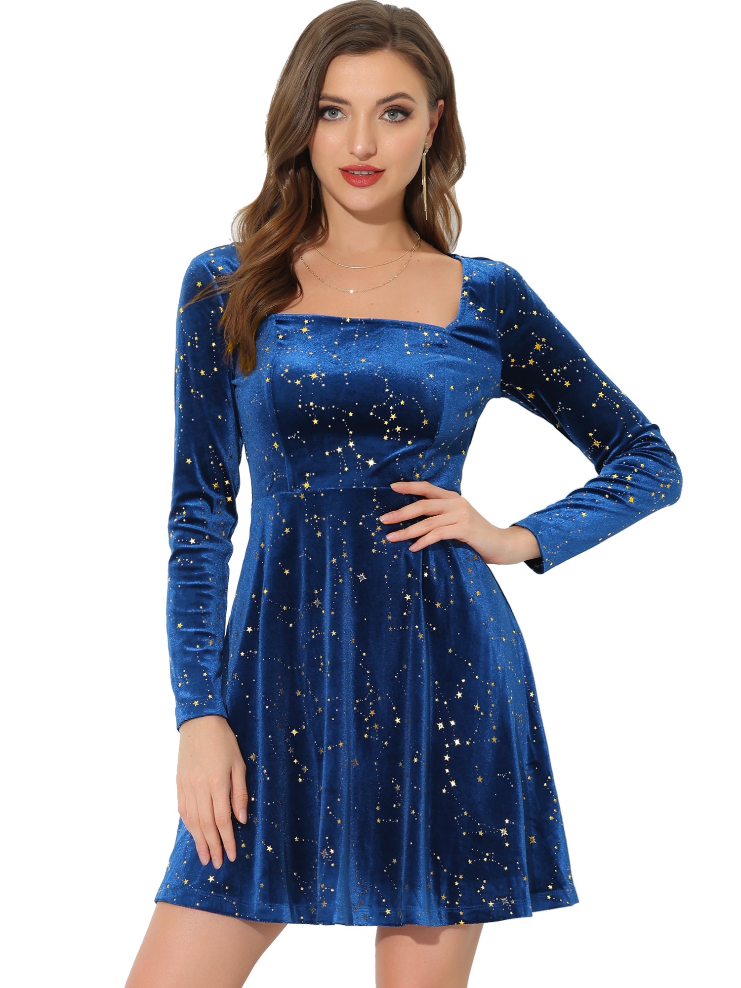Christmas Stars Square Neck Vintage Velvet Mini Dress