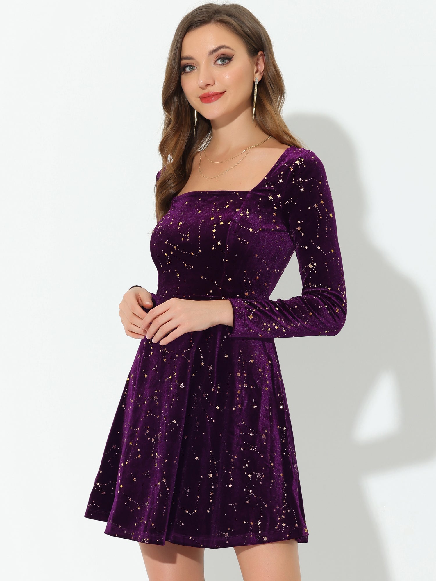 Christmas Stars Square Neck Vintage Velvet Mini Dress