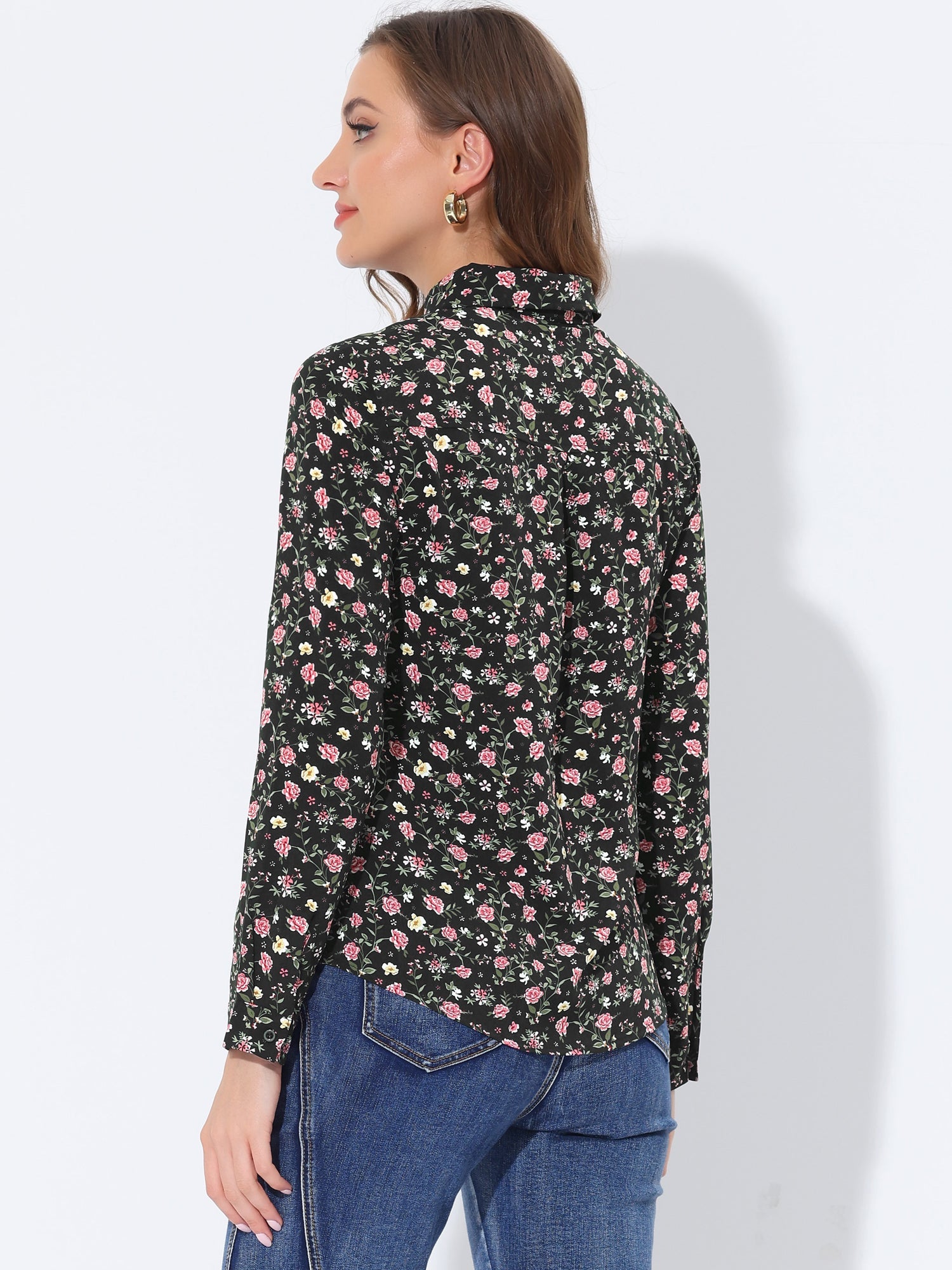 Button Down Floral Long Sleeve Point Collar Blouse