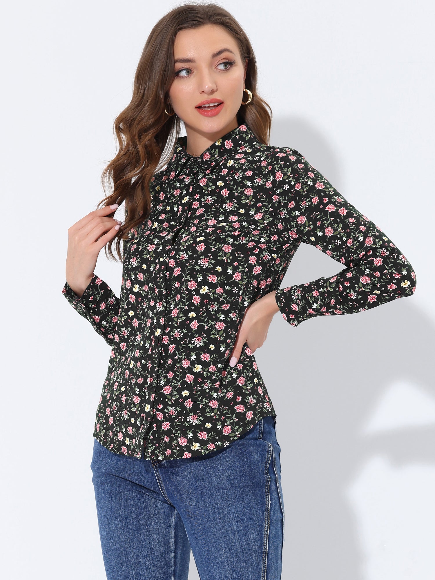 Button Down Floral Long Sleeve Point Collar Blouse