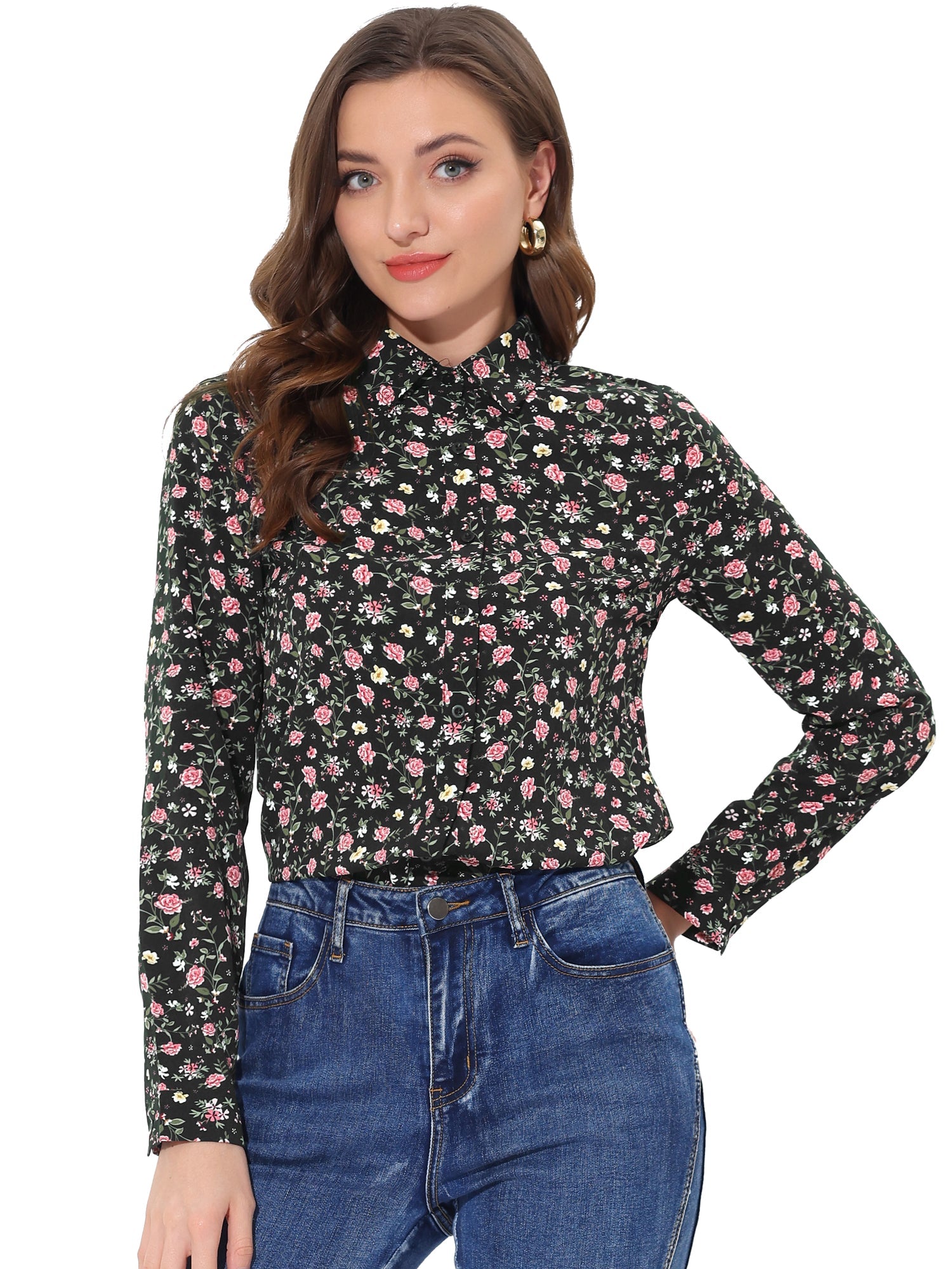 Button Down Floral Long Sleeve Point Collar Blouse