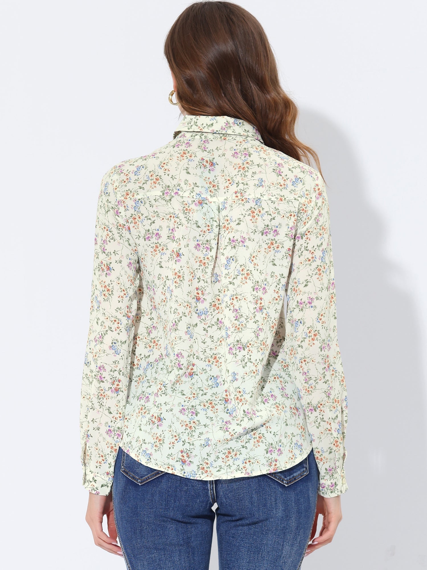 Button Down Floral Long Sleeve Point Collar Blouse