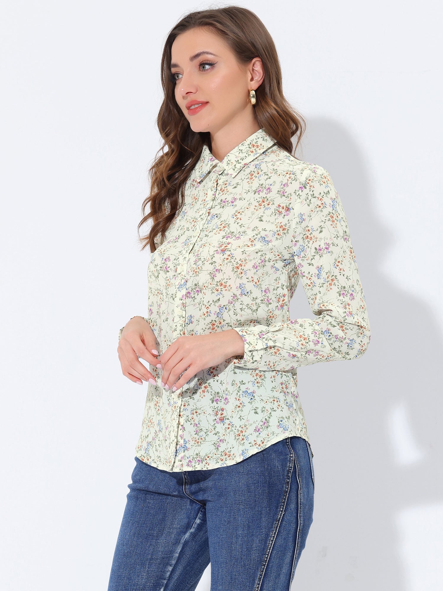Button Down Floral Long Sleeve Point Collar Blouse