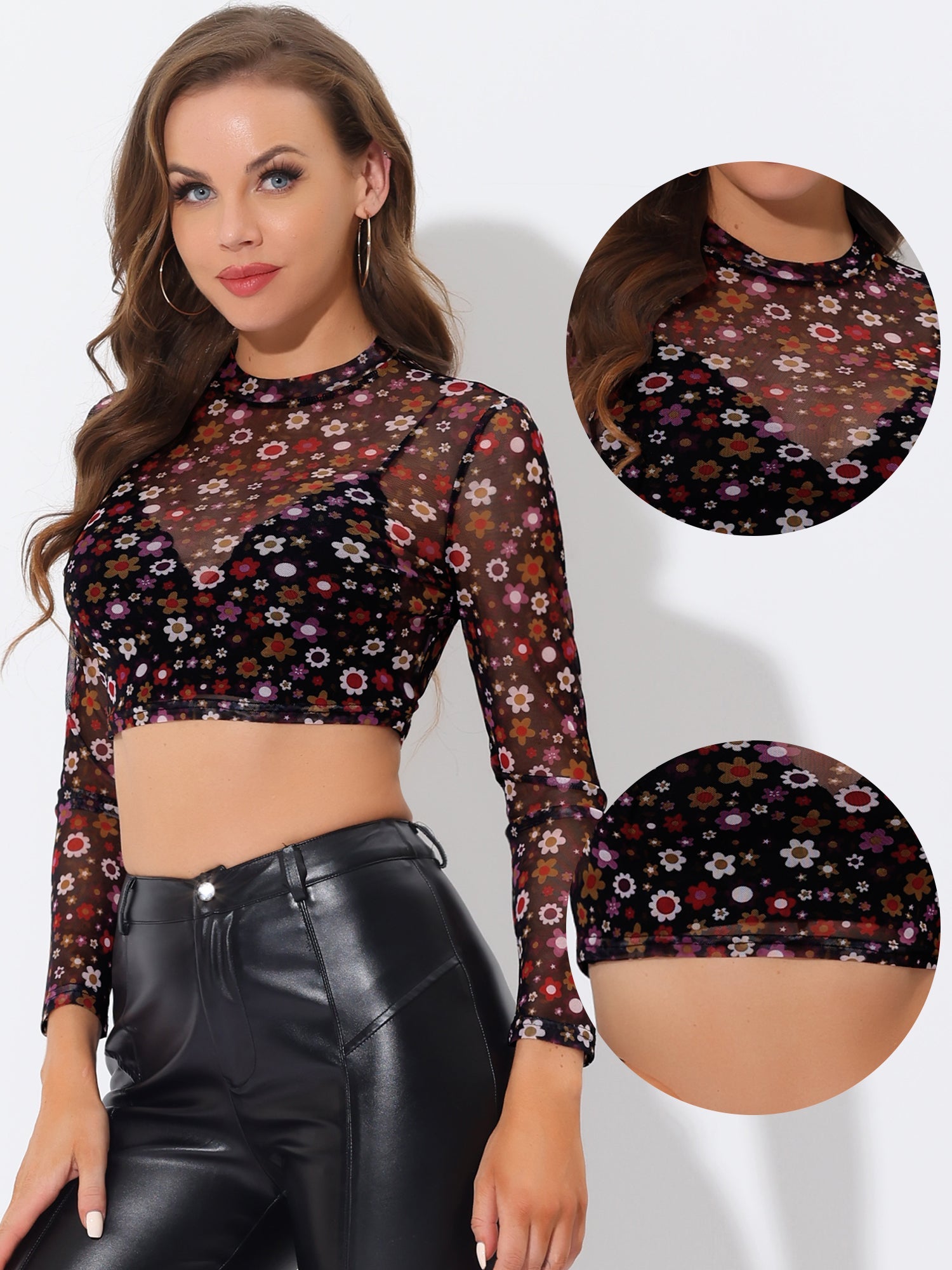 Semi-Sheer Sexy Heart Mesh Crop Top Long Sleeve Blouse