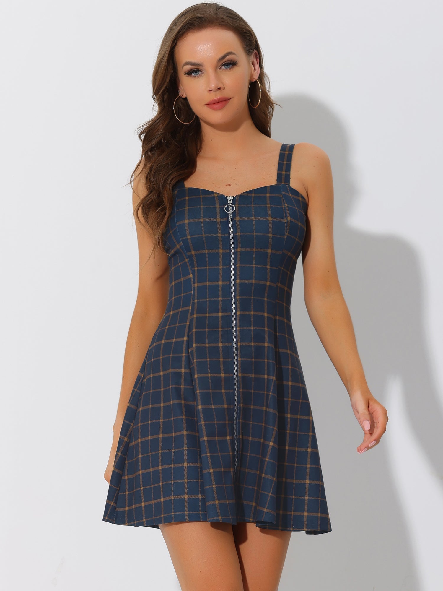 Plaid Zipper Front Party Strap Sleeveless Tube Mini A-Line Dress