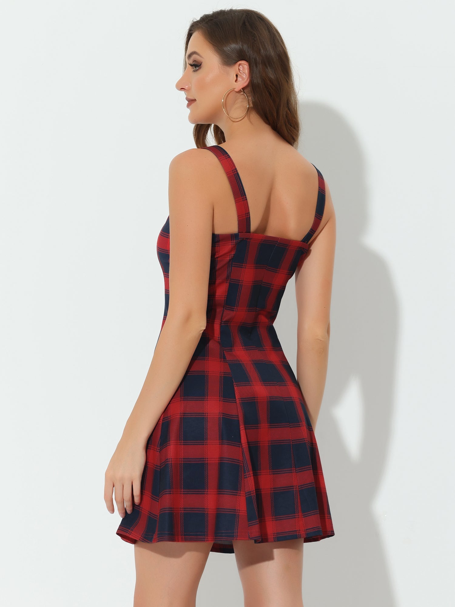 Plaid Zipper Front Party Strap Sleeveless Tube Mini A-Line Dress