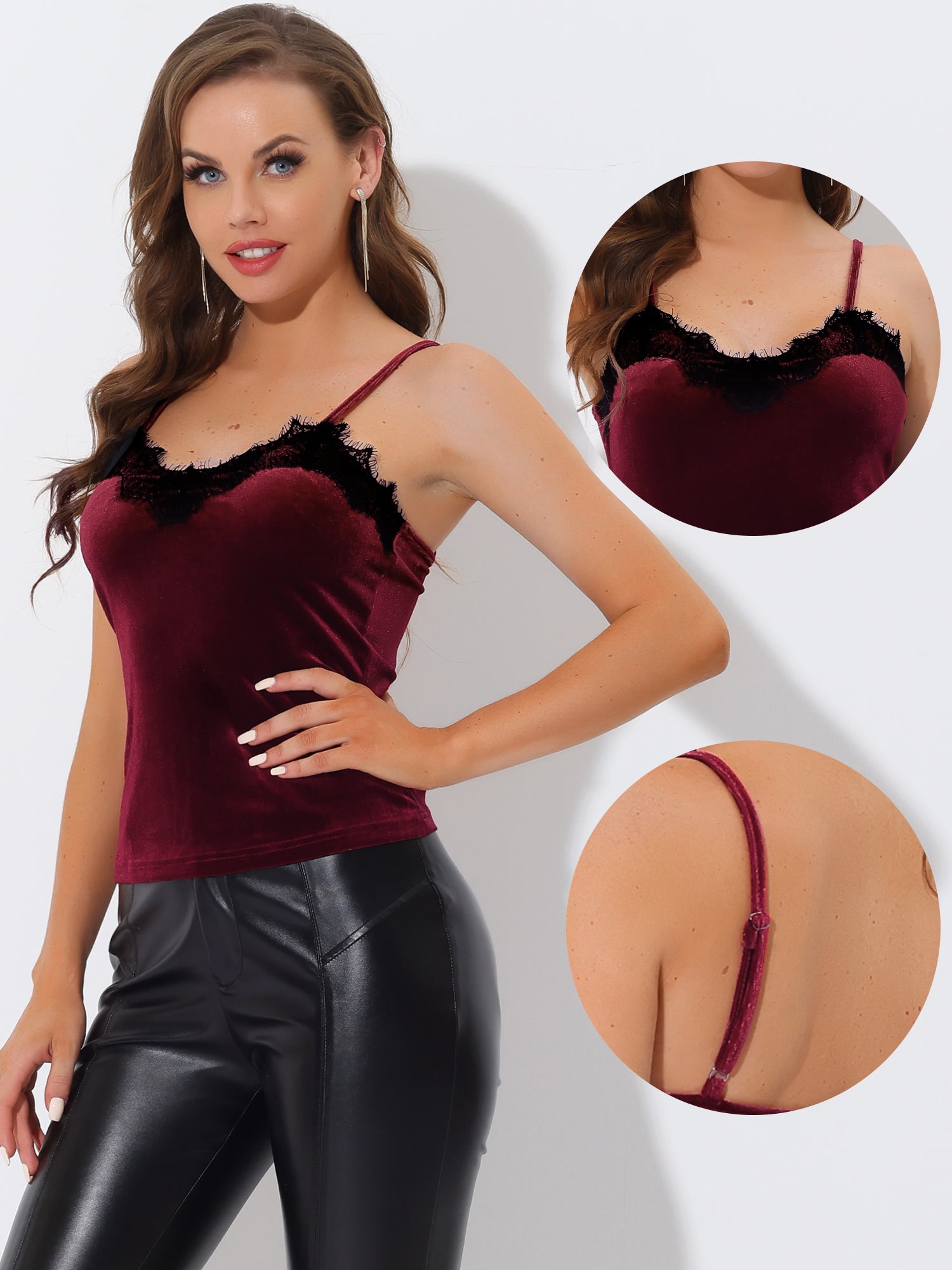 Velvet Camisole Lace Trim Velour Cami Tank Spaghetti Strap Top