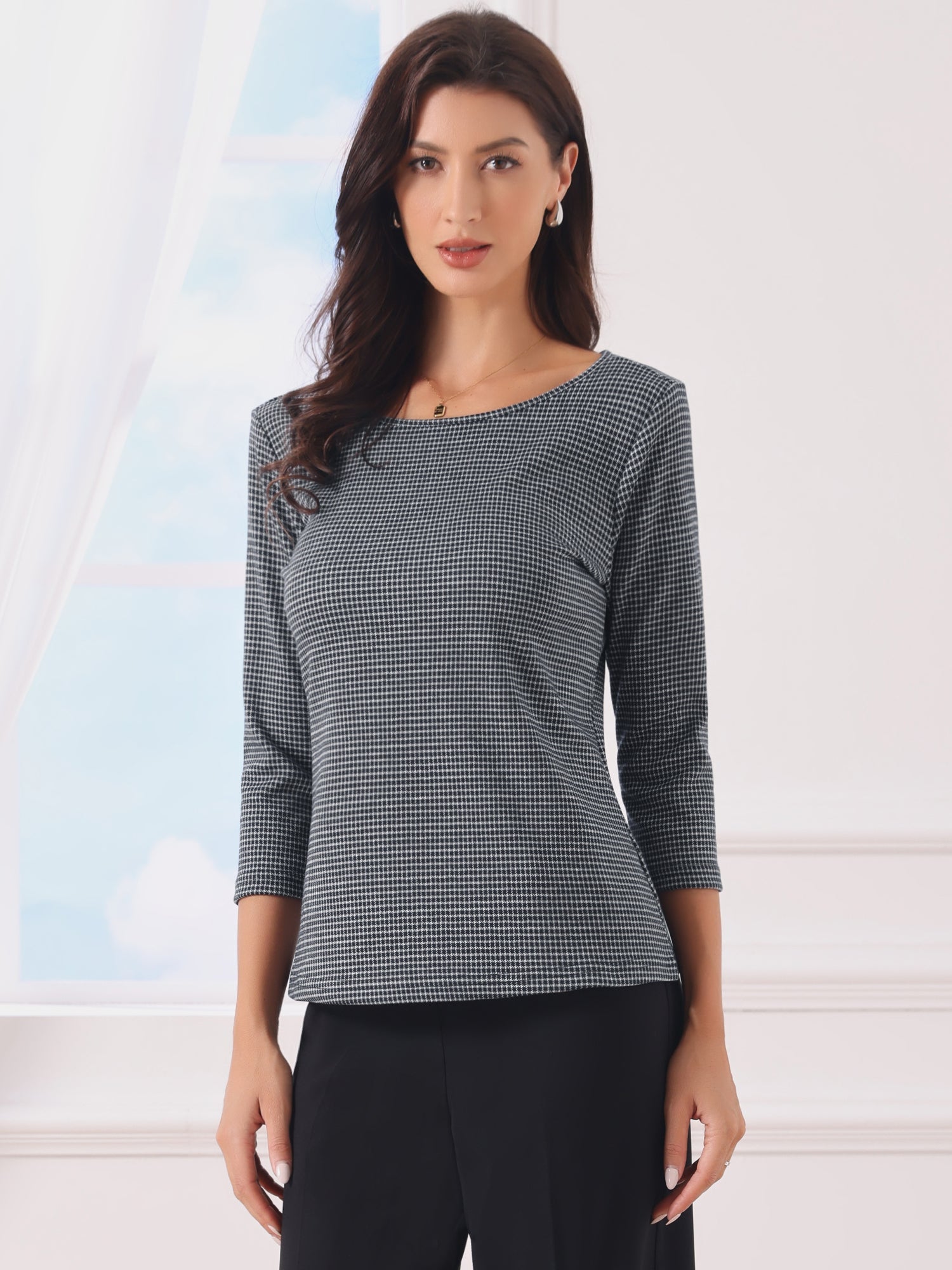 Work Office 3/4 Sleeve Boat Neck Houndstooth Printed Top Blouse