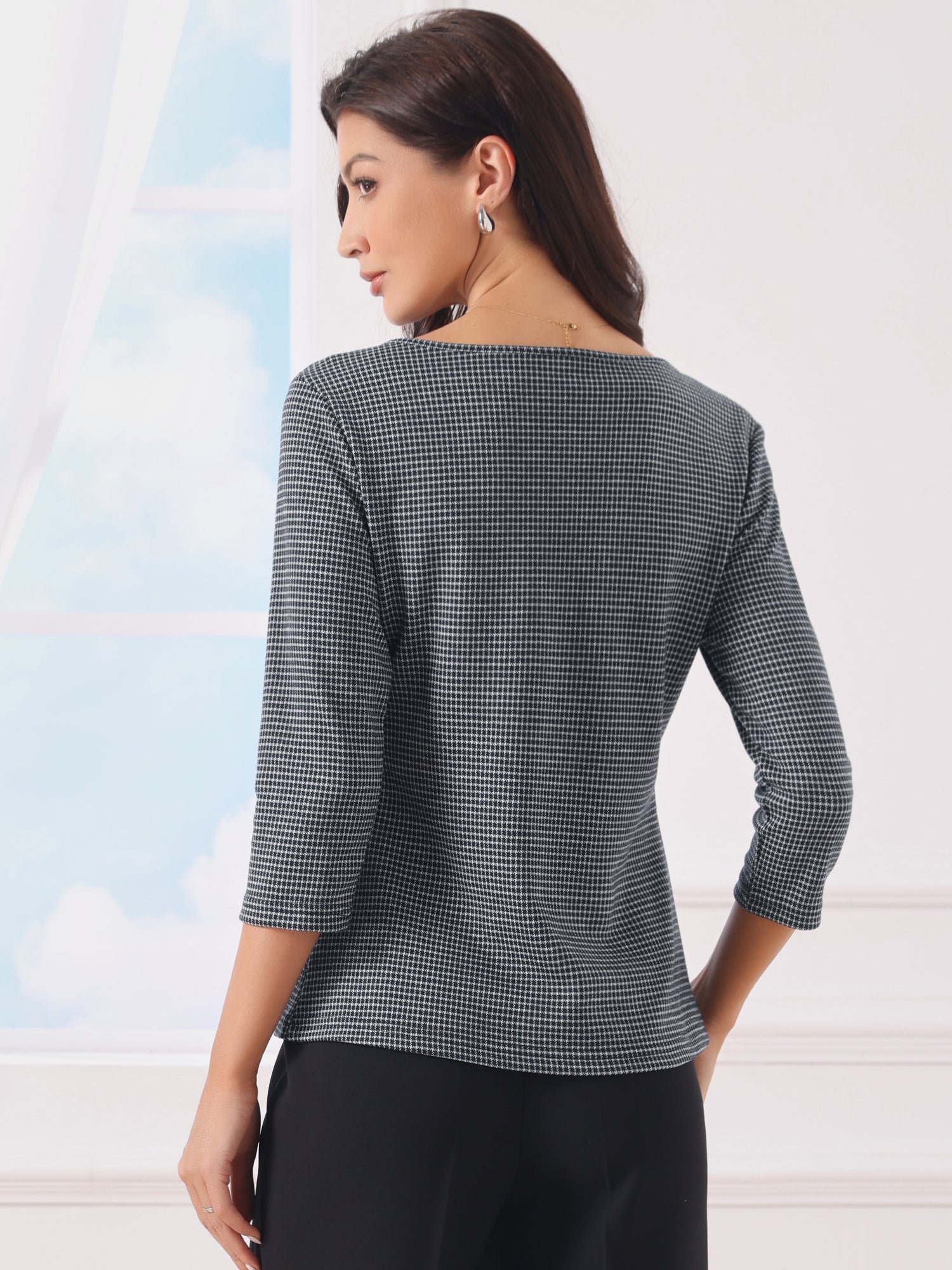 Work Office 3/4 Sleeve Boat Neck Houndstooth Printed Top Blouse