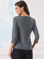 Work Office 3/4 Sleeve Boat Neck Houndstooth Printed Top Blouse