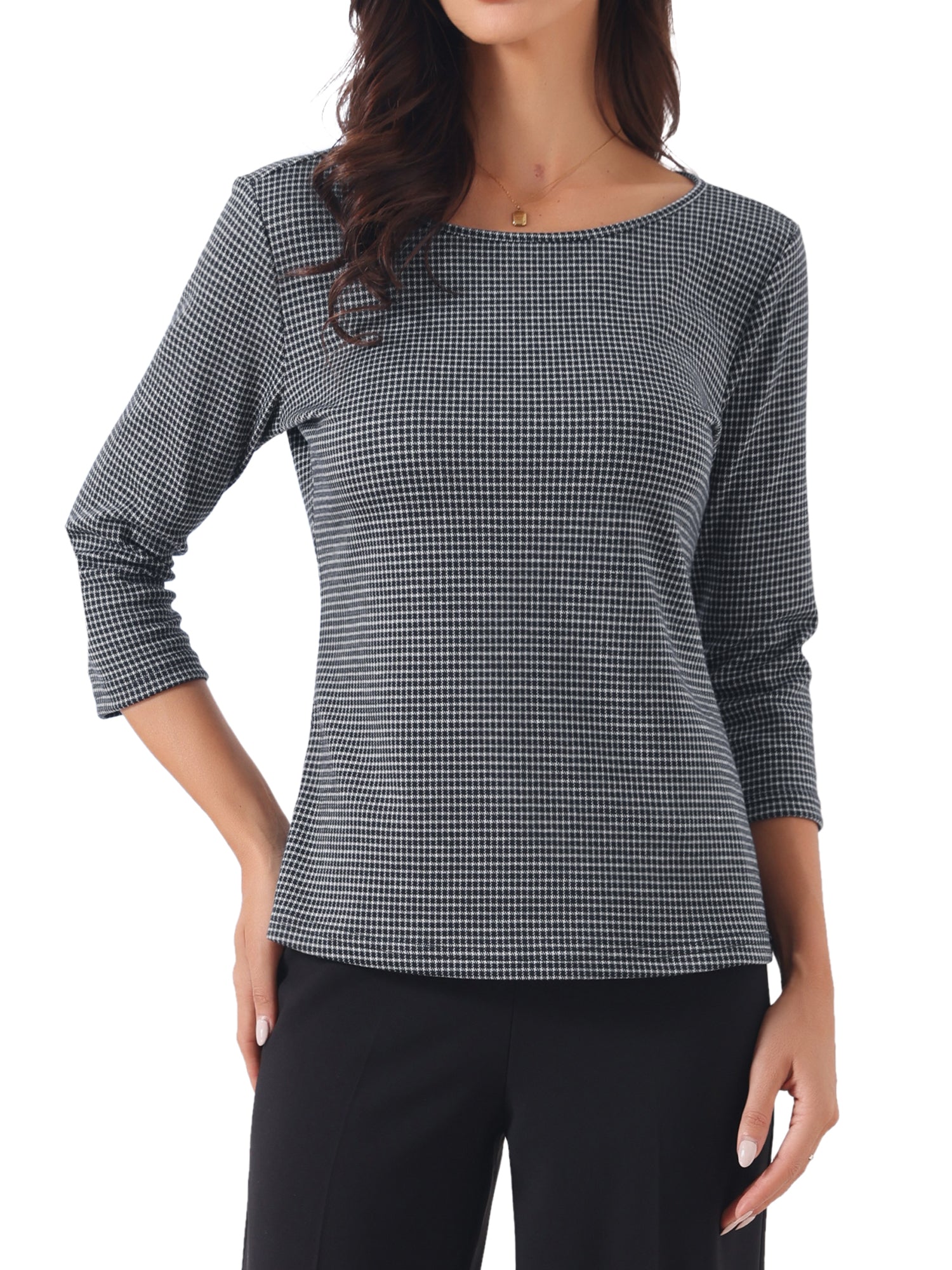 Work Office 3/4 Sleeve Boat Neck Houndstooth Printed Top Blouse
