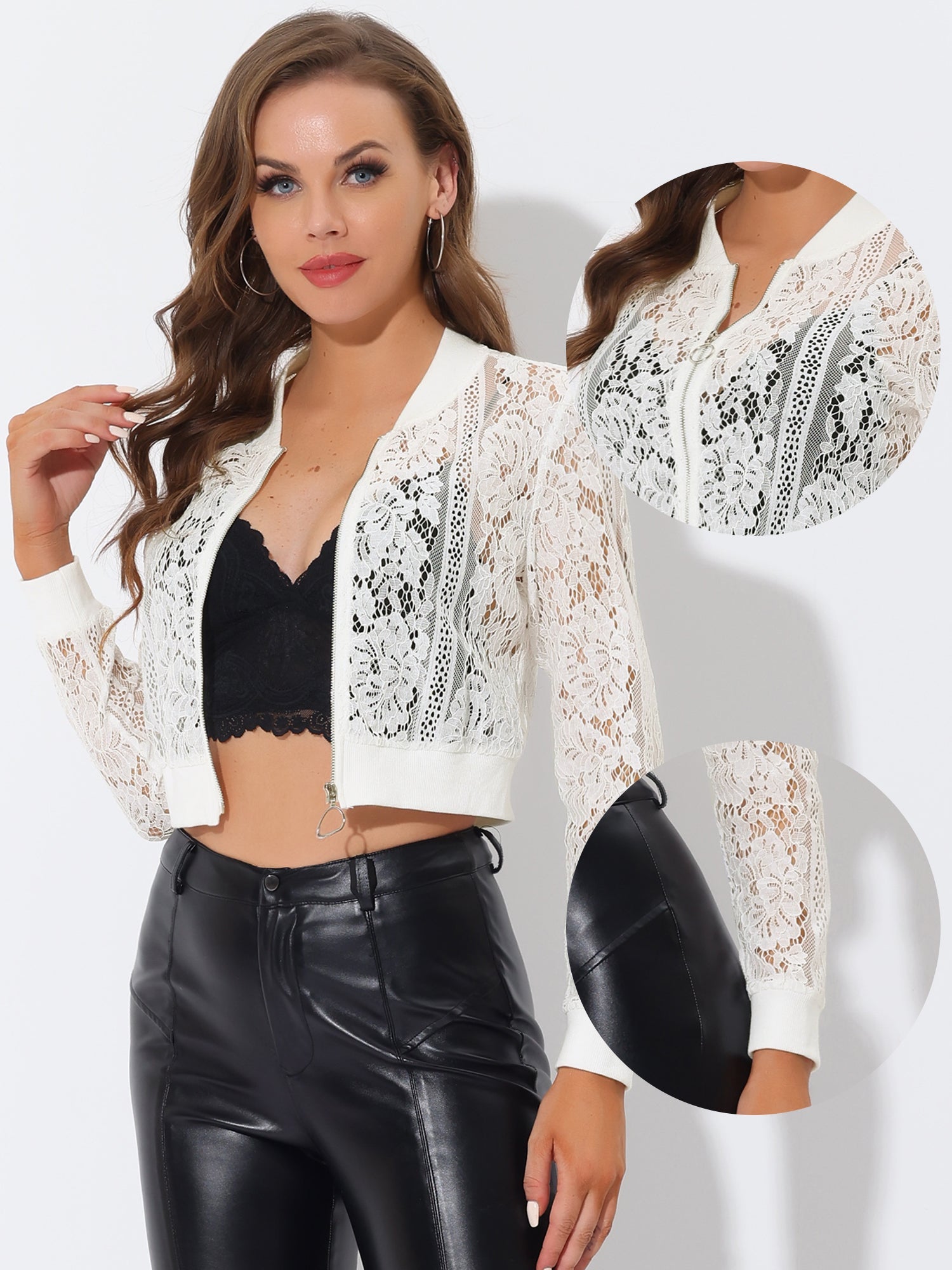 Stand Collar Zip Up Mesh Sheer Lace Crop Bomber Jacket