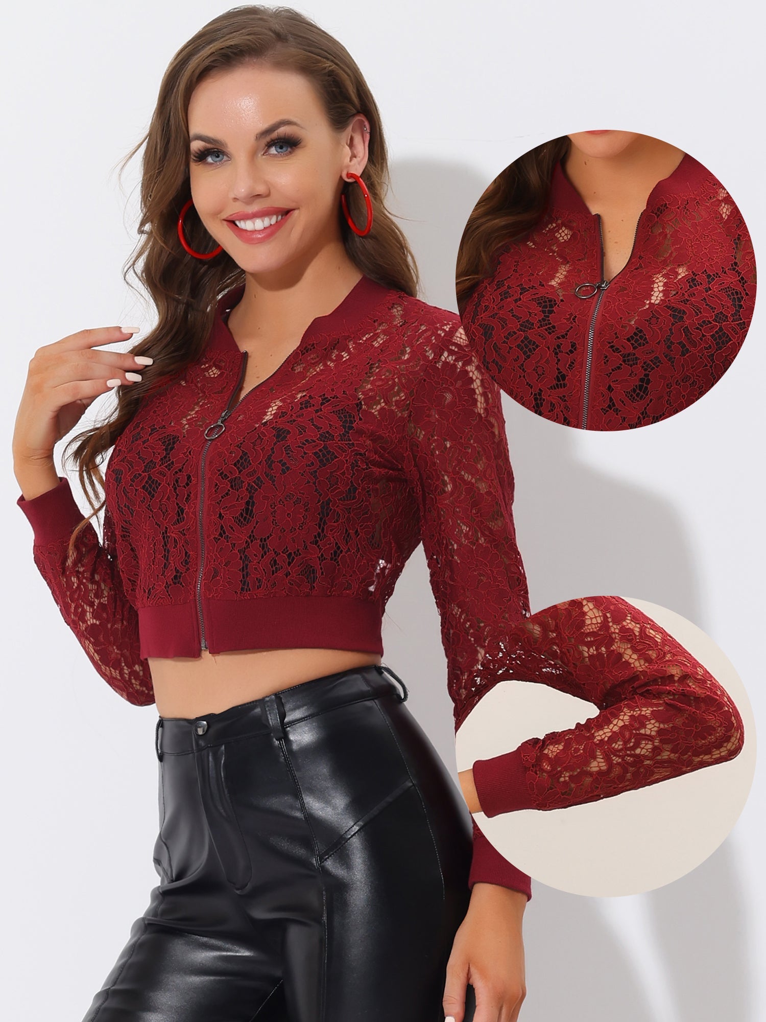 Stand Collar Zip Up Mesh Sheer Lace Crop Bomber Jacket