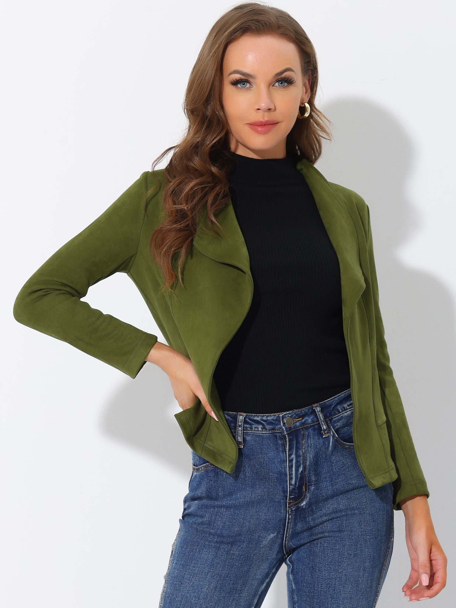 Faux Suede Jacket Open Front Lapel Draped Outwear Cardigan