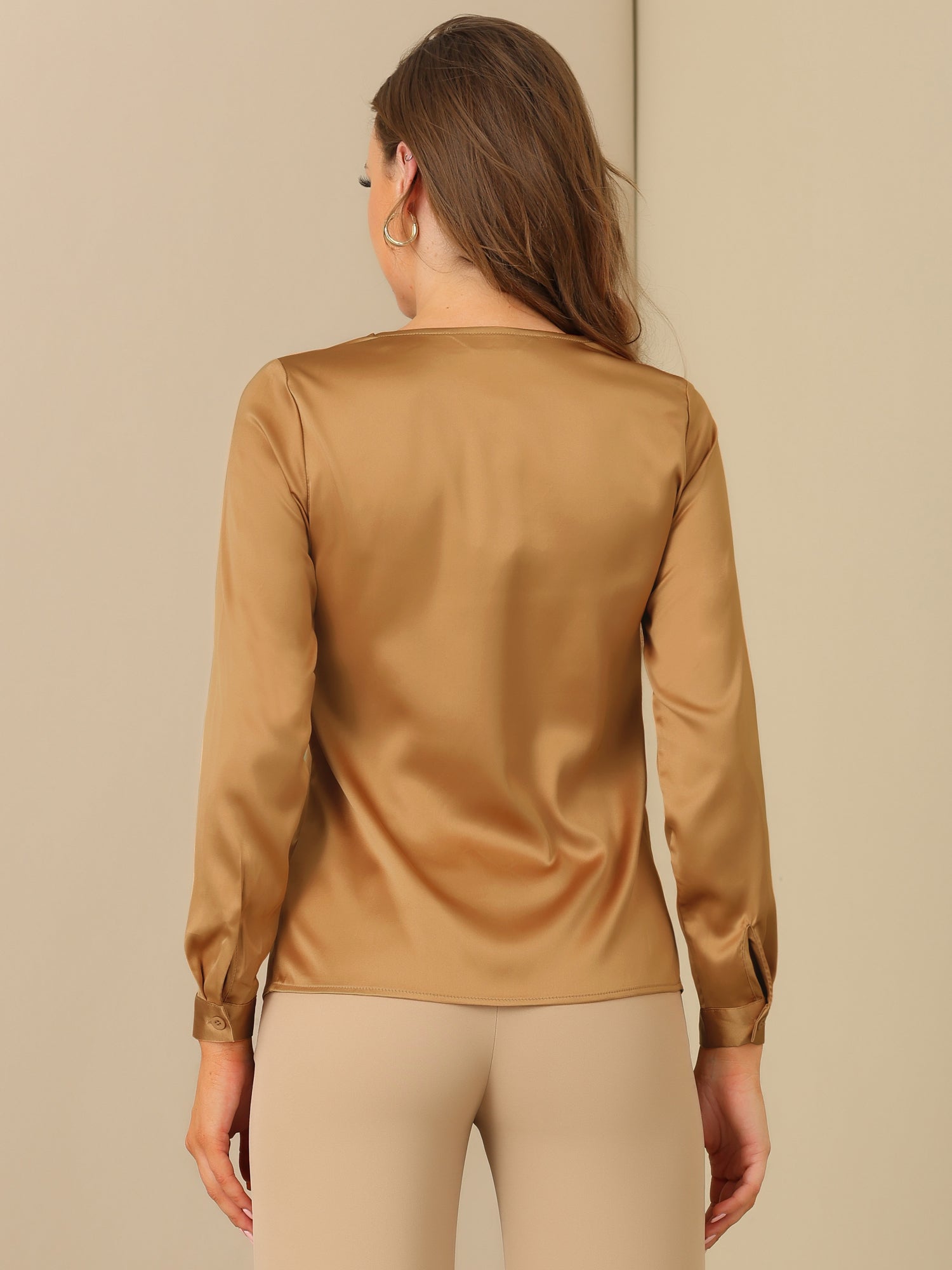 Satin Tie Neck Long Sleeve Solid Color Elegant Office Work Shirt Top
