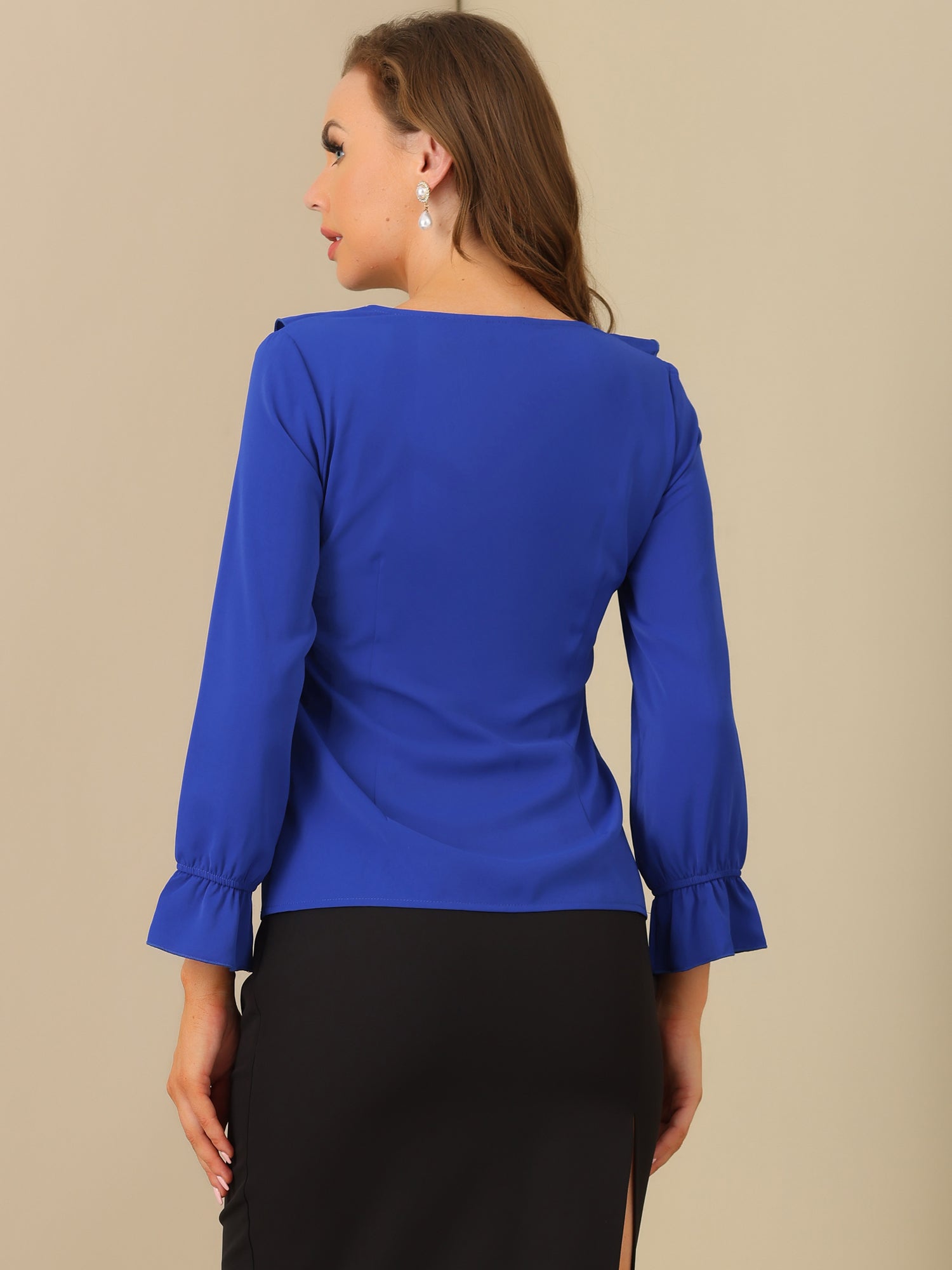 Ruffle Neck Gathered Cuff Long Sleeves Blouse