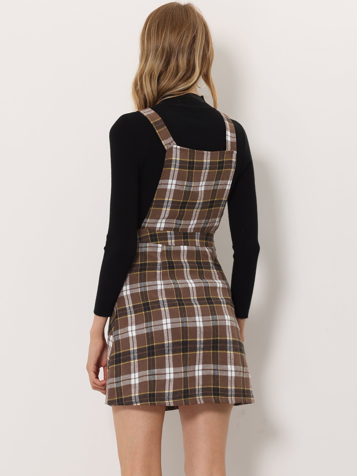 Plaid Tartan Button Decor A-Line Pinafore Overall Dress