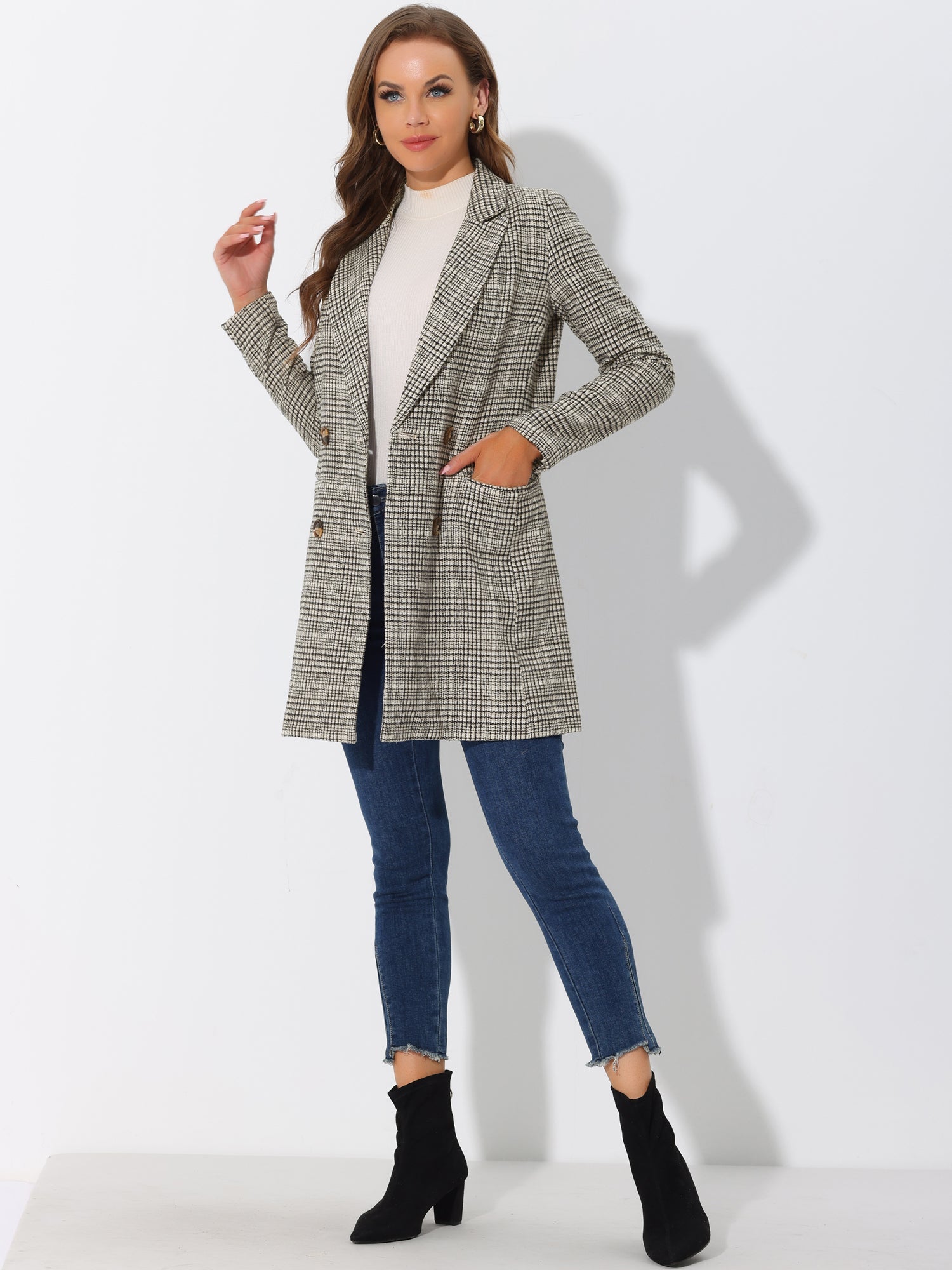 Double Breasted Notched Lapel Plaid Trench Blazer Coat