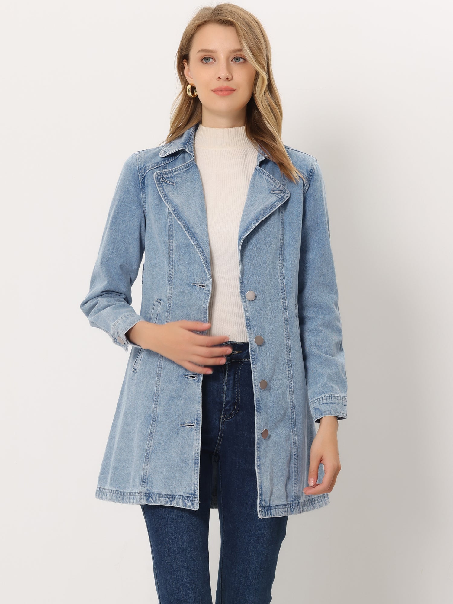 Notched Lapel Belted Trench Long Jean Denim Jacket