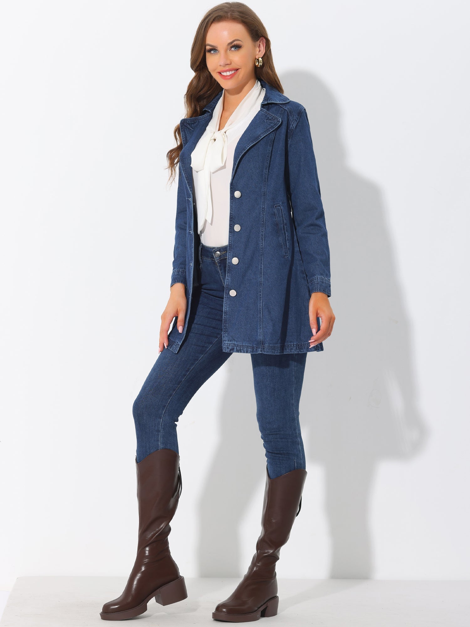 Notched Lapel Belted Trench Long Jean Denim Jacket