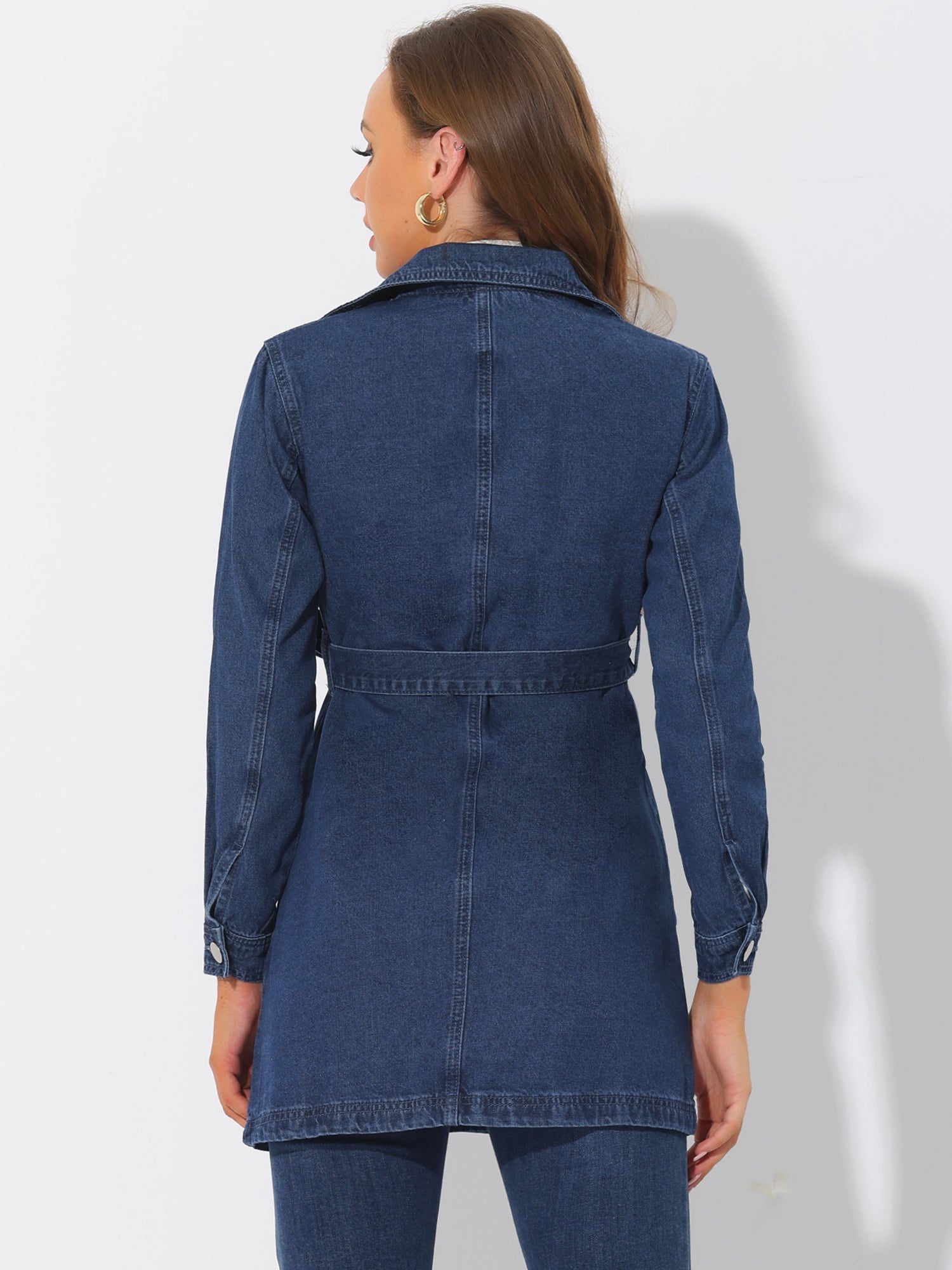 Notched Lapel Belted Trench Long Jean Denim Jacket