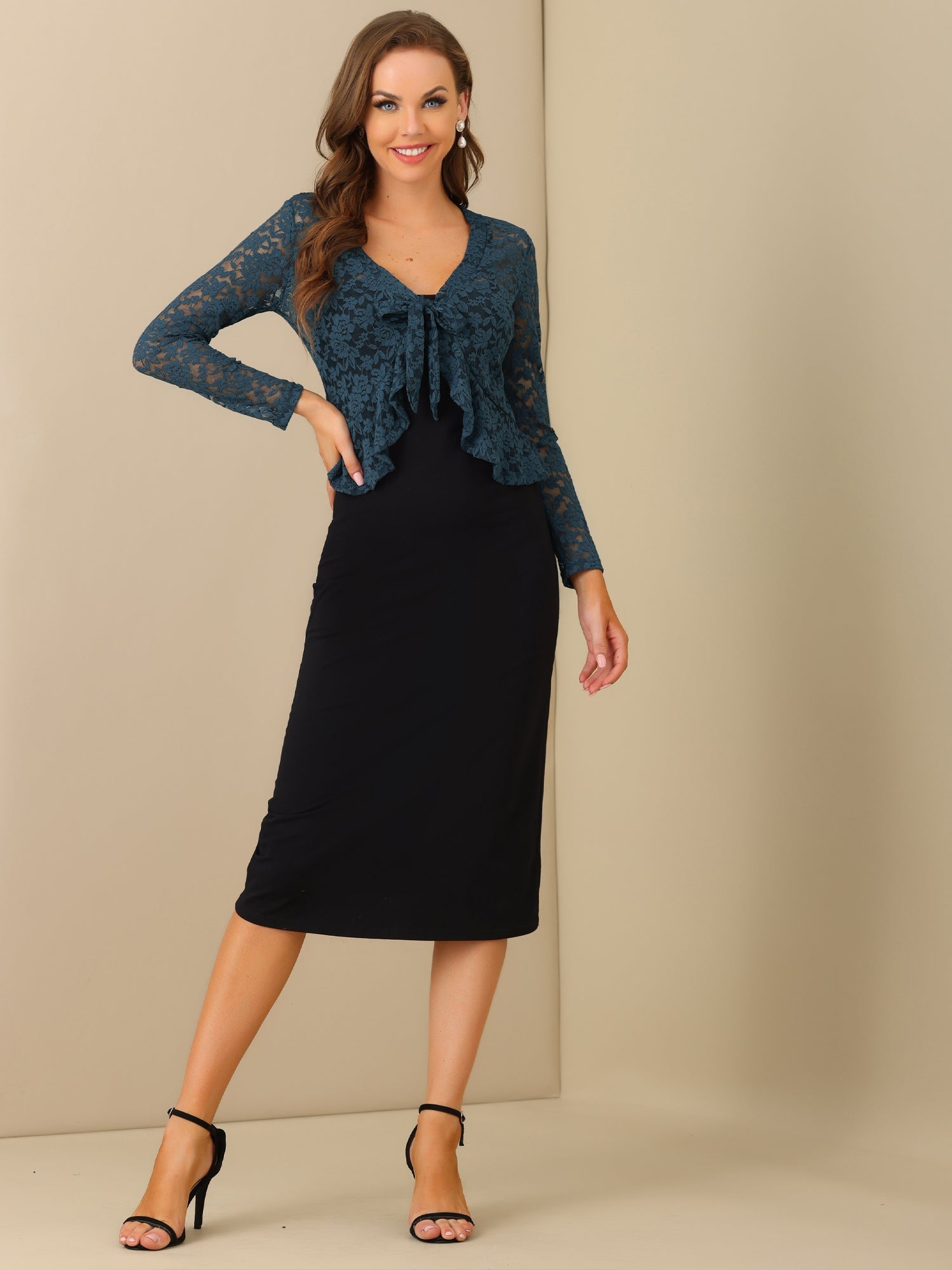 Floral Lace Tie Front Ruffled Hem Sheer Crop Bolero Shrug