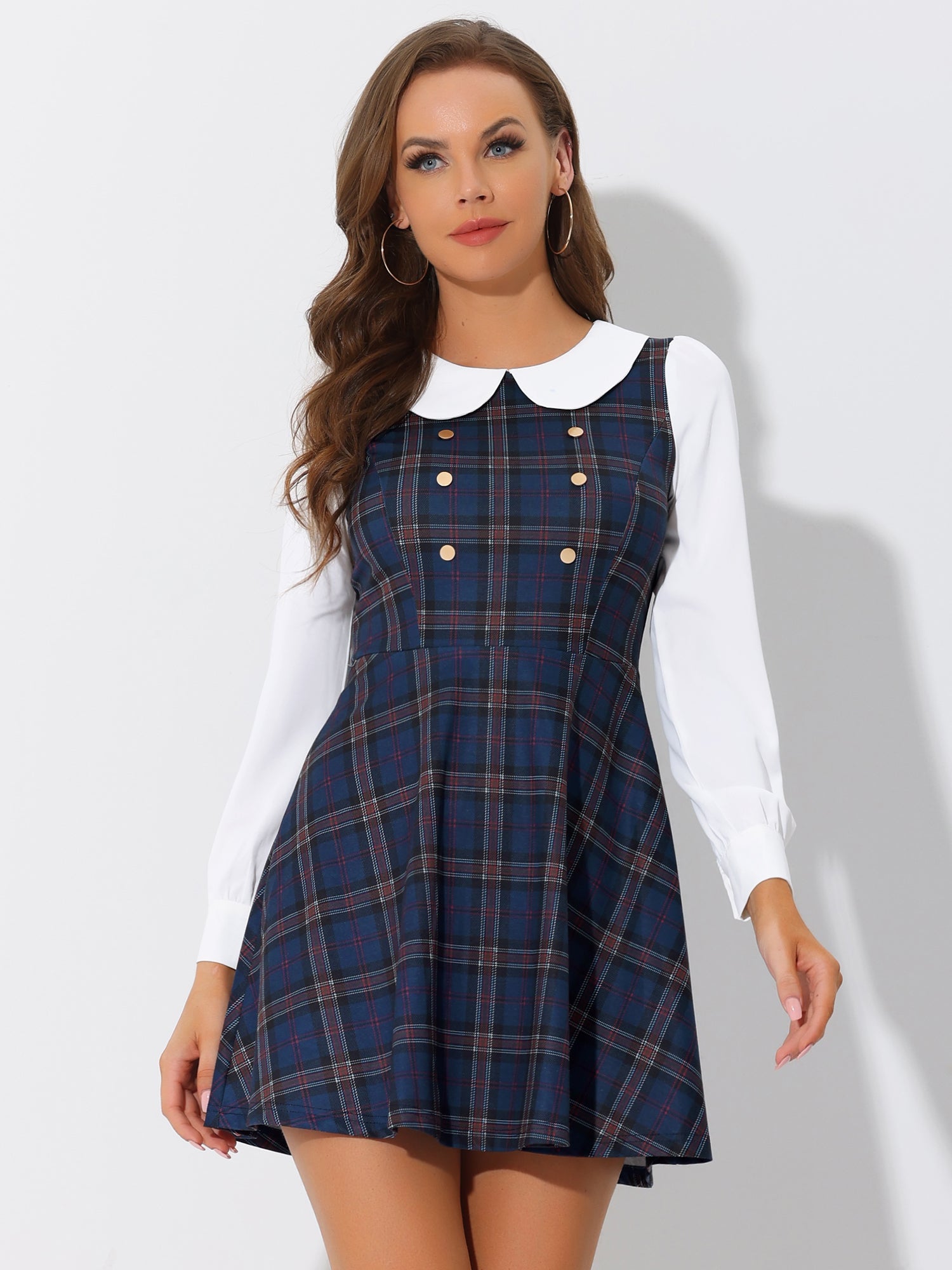Peter Pan Collar Contrast Color Button Decor Plaid Dress