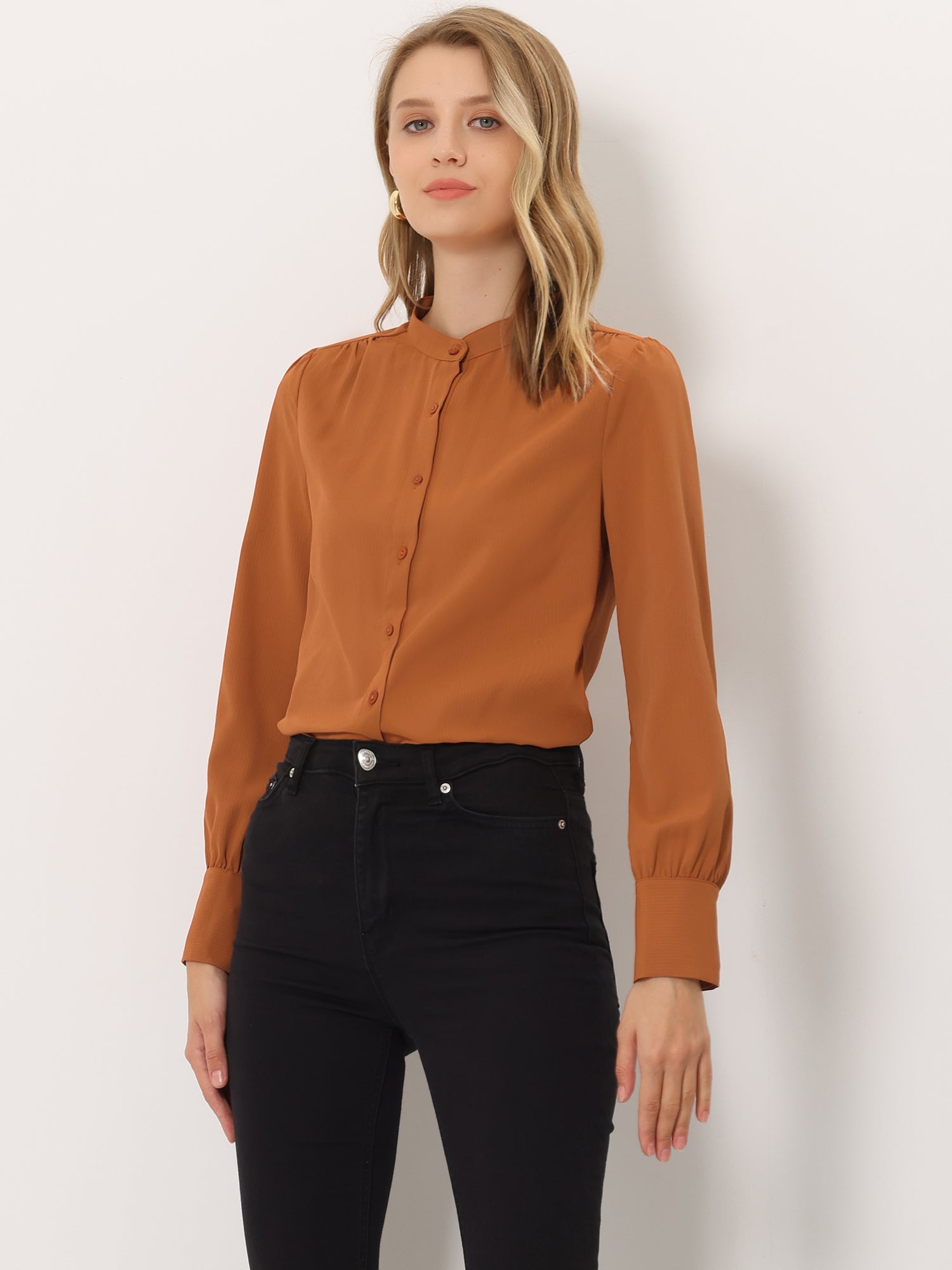 Mandarin Collar Long Sleeve Button Down Office Shirt
