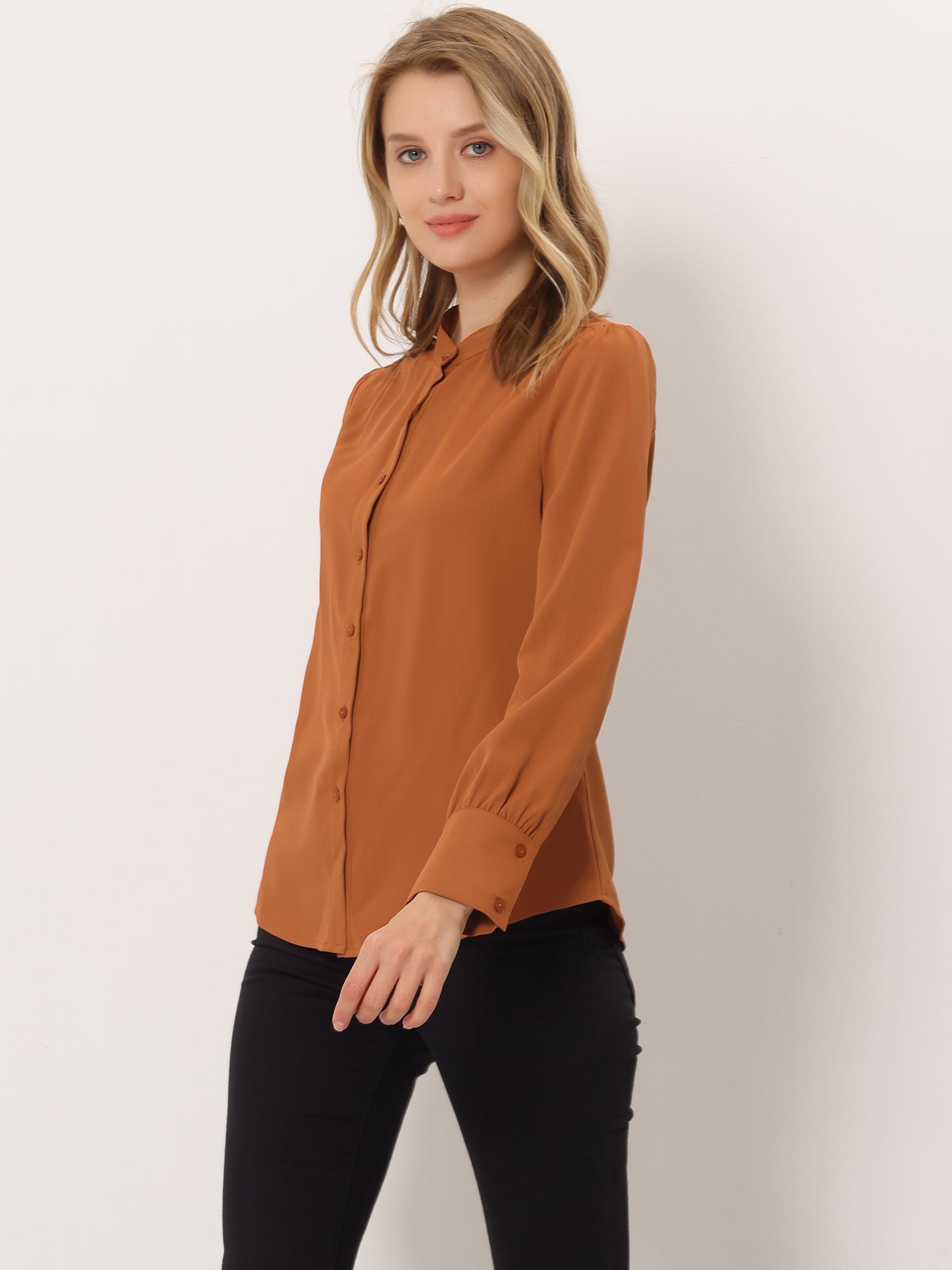 Mandarin Collar Long Sleeve Button Down Office Shirt