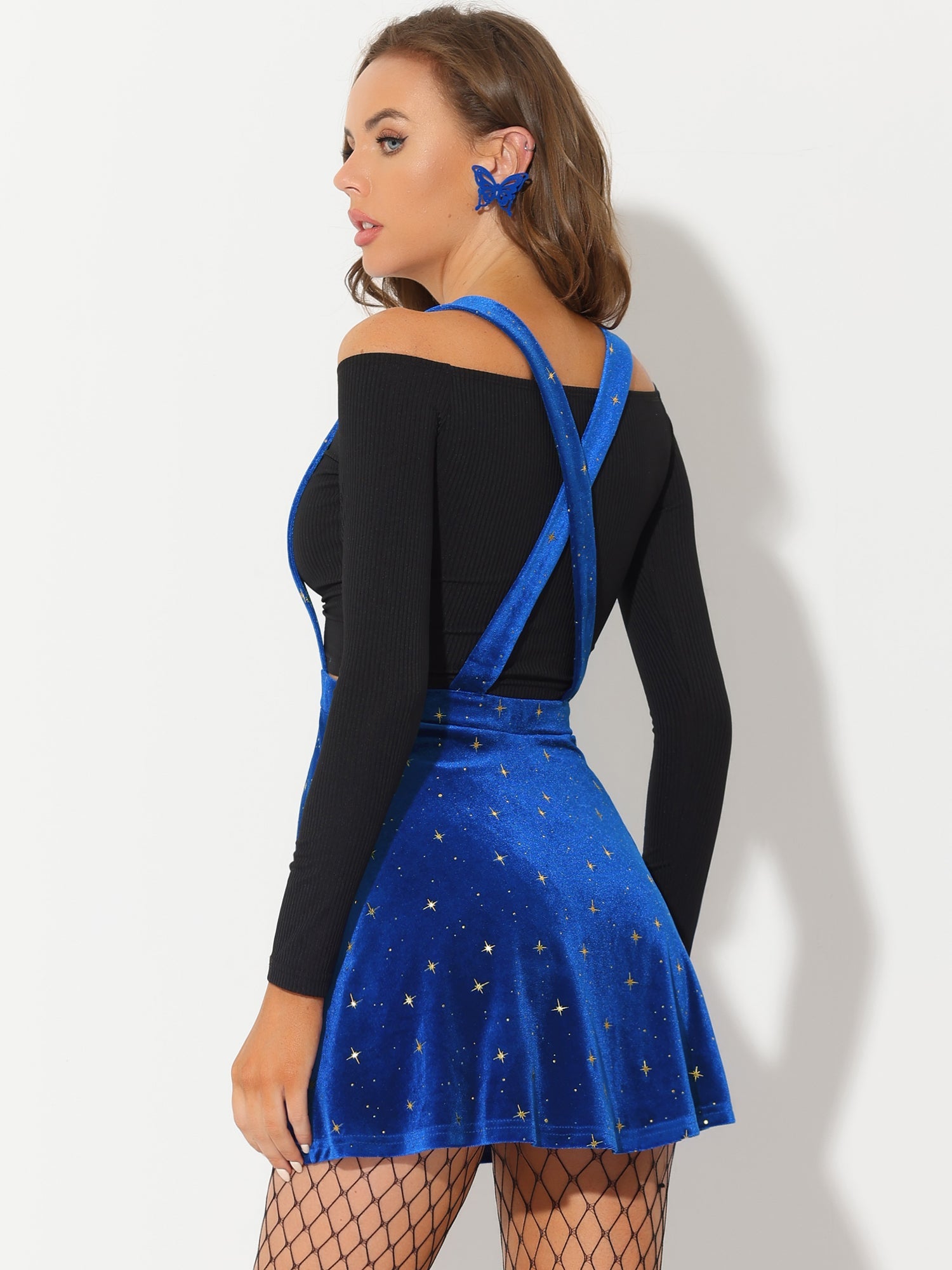 Stars Velvet High Waist Mini Pinafore Overall Suspender Skirt