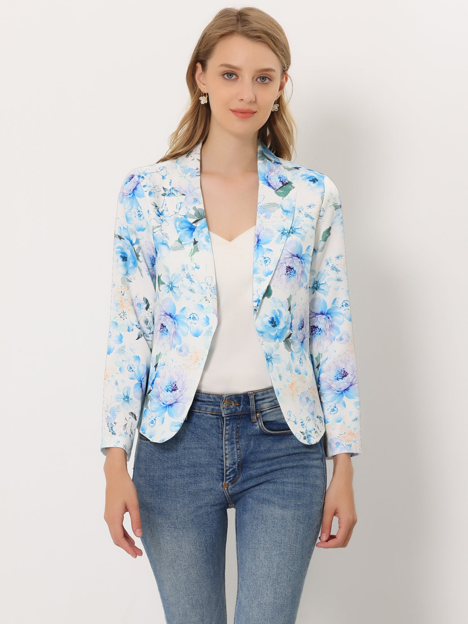 Open Front Floral Work Business Crop Blazer Jacket