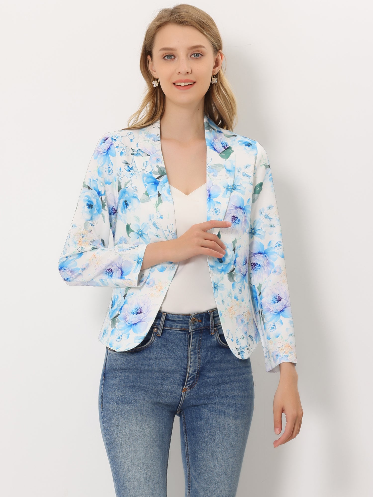 Open Front Floral Work Business Crop Blazer Jacket