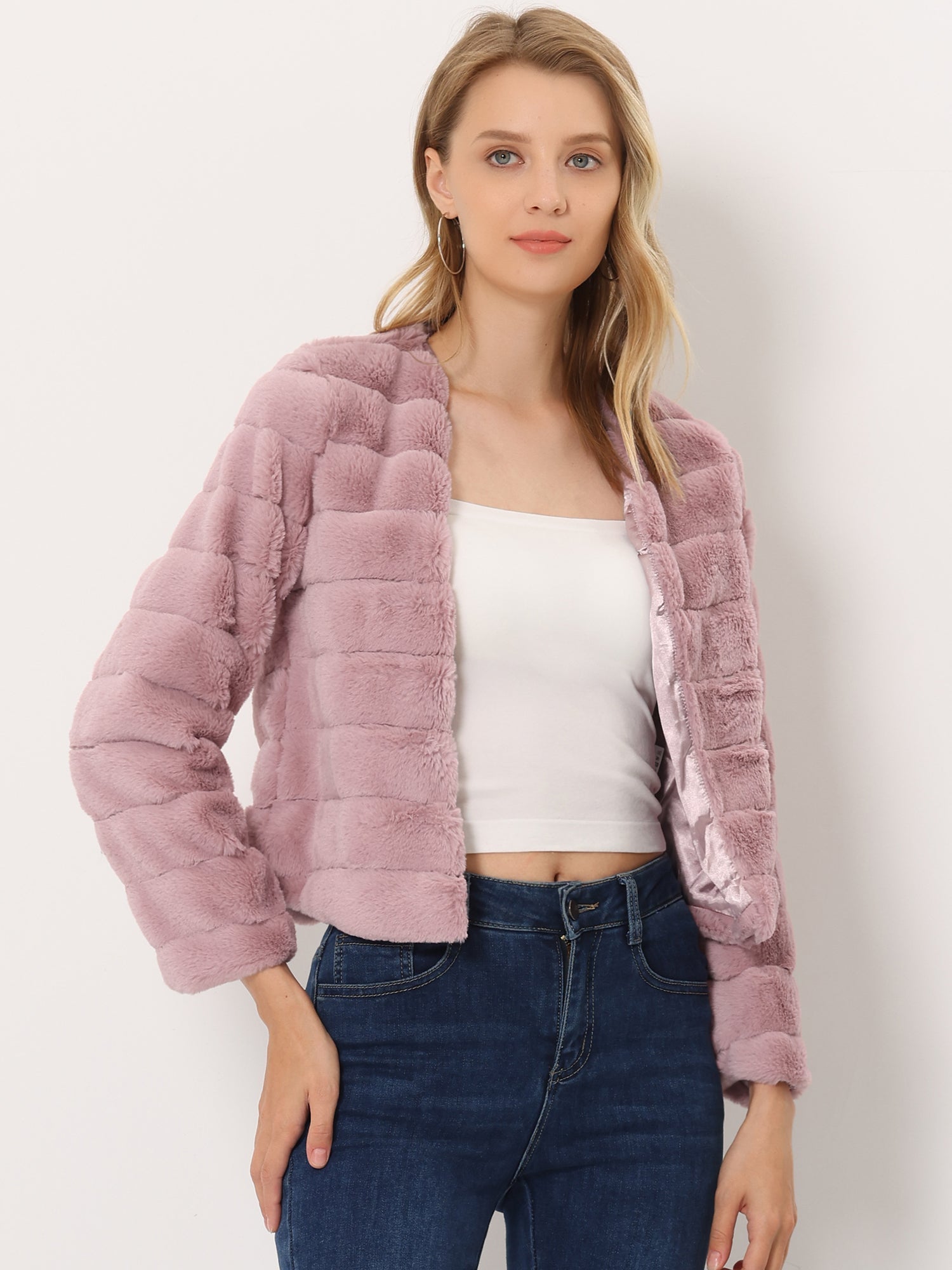 Winter Warm Cropped Collarless Faux Fur Fluffy Jacket
