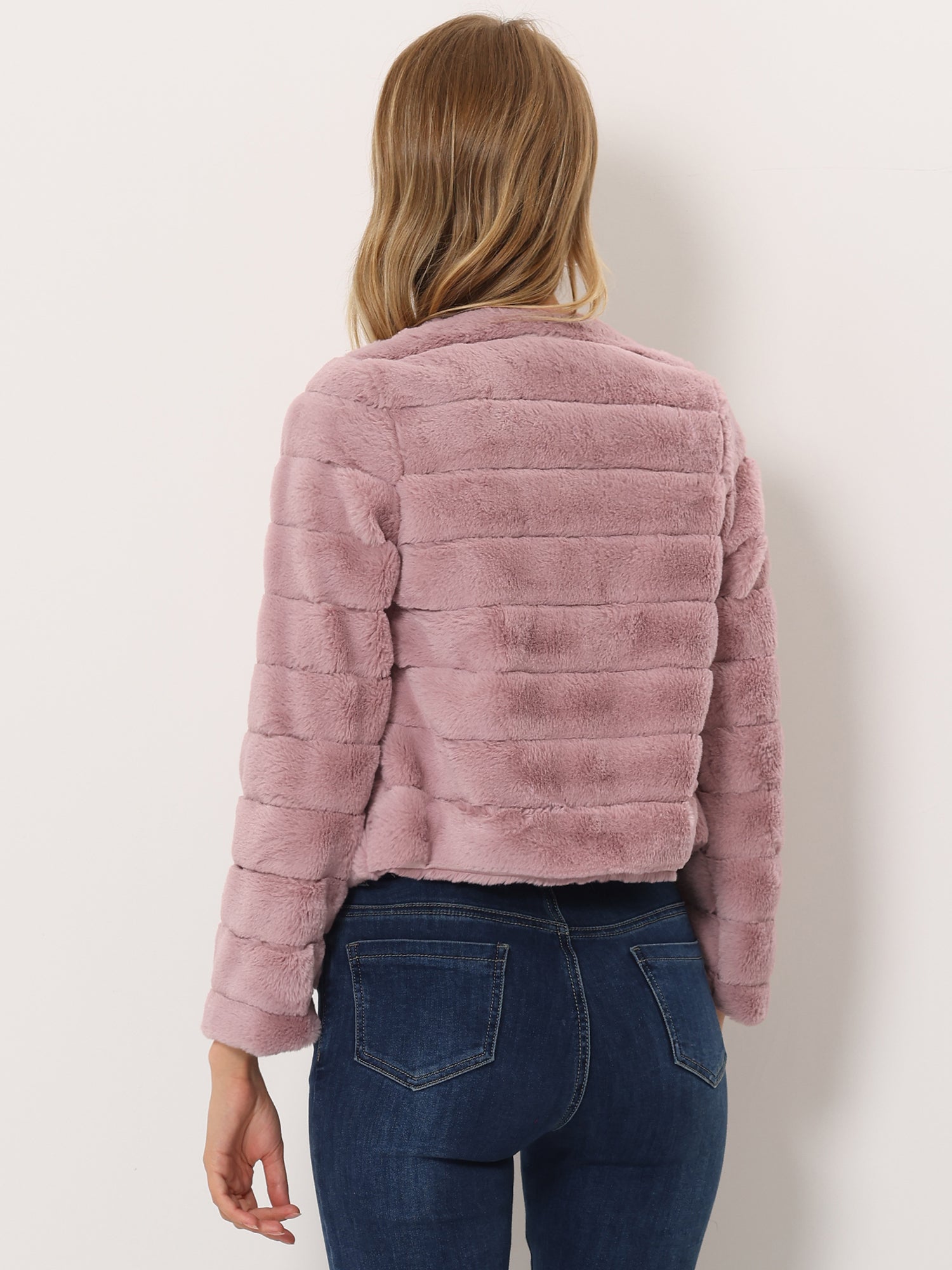 Winter Warm Cropped Collarless Faux Fur Fluffy Jacket