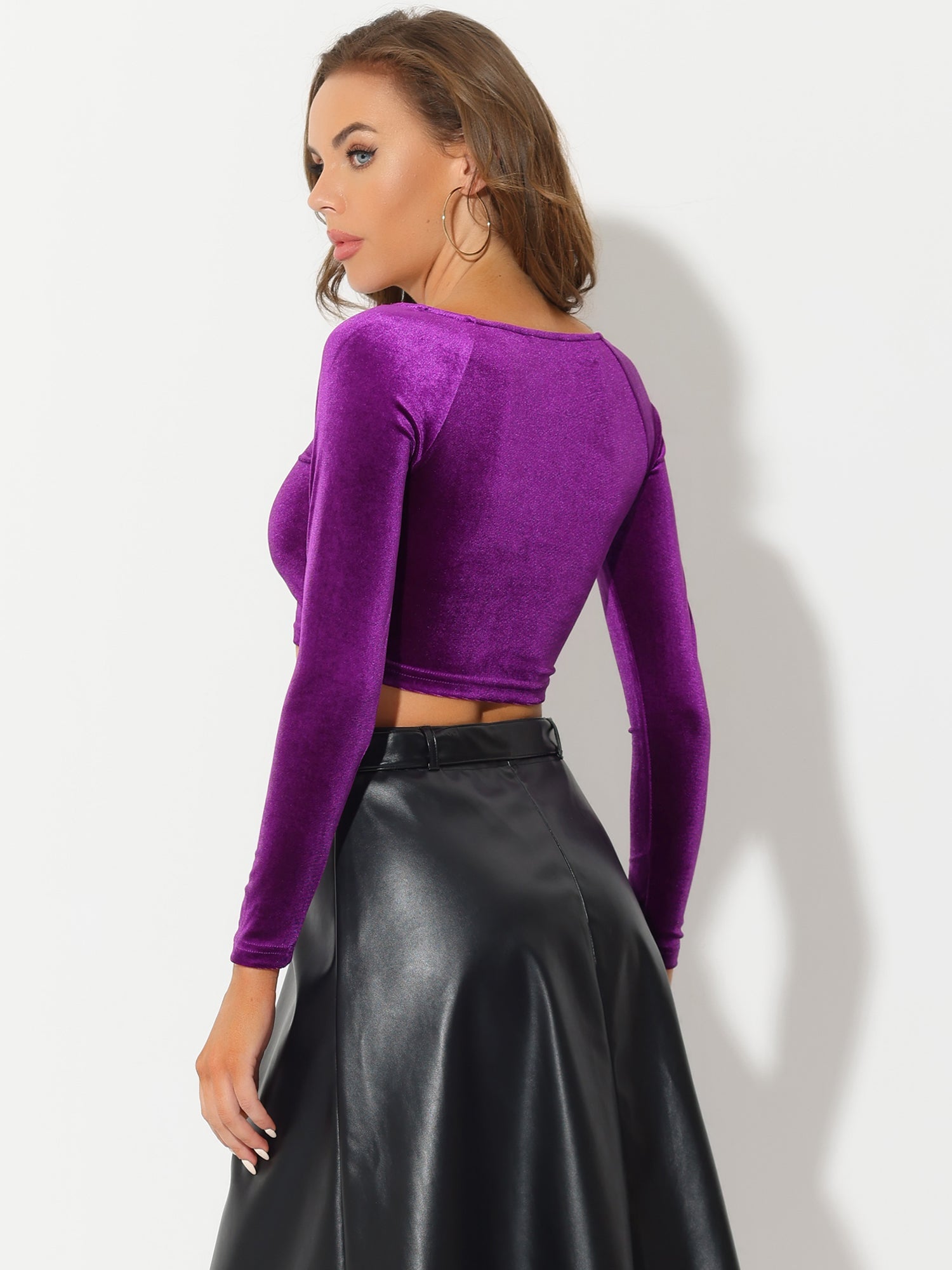 Velvet Long Sleeve Off Shoulder Solid Crop Top