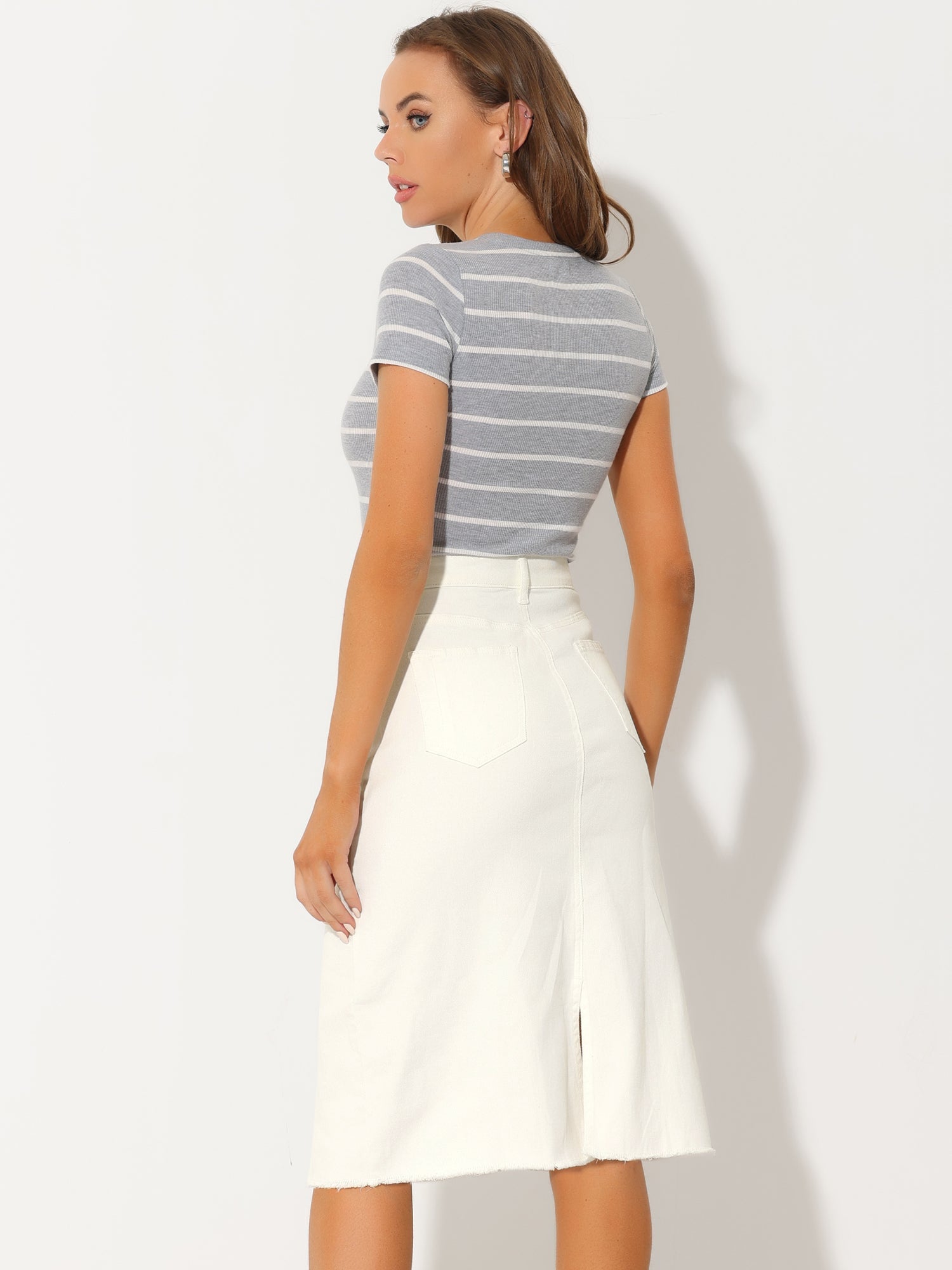 Casual High Waist Back Slit Stretch Denim Midi Skirt