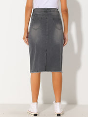 Casual High Waist Back Slit Stretch Denim Midi Skirt