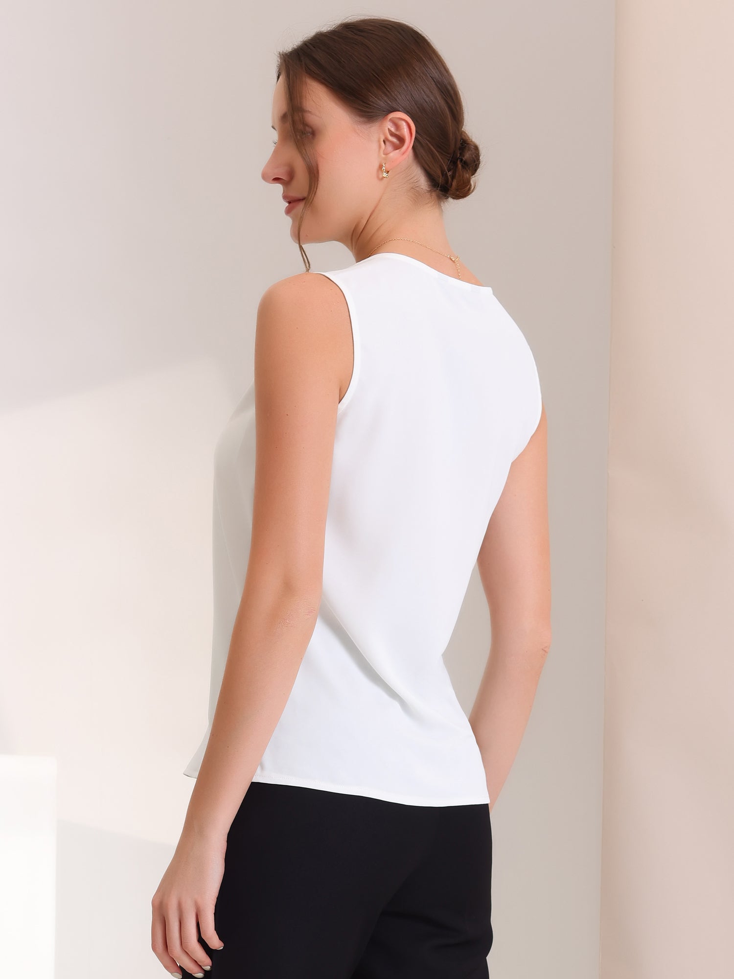 Sleeveless Work Top Pleated Chiffon V Neck Blouse