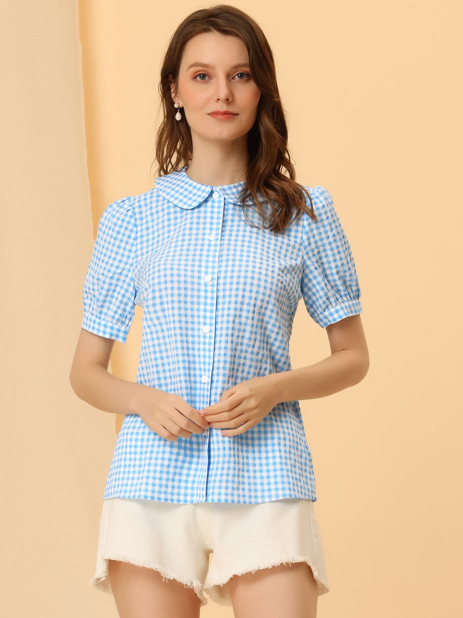 Plaid Puff Short Sleeve Gingham Peter Pan Collar Button Down Shirt