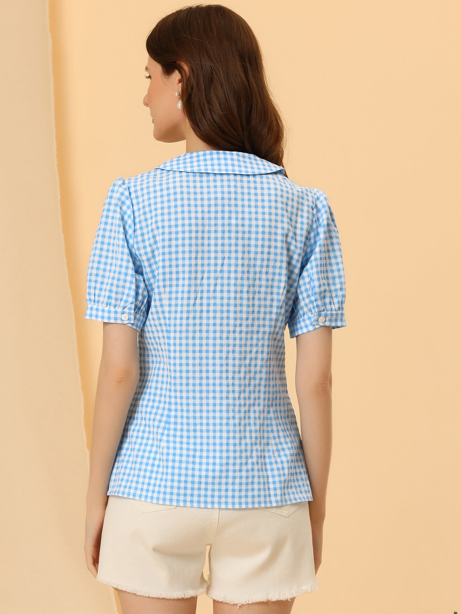 Plaid Puff Short Sleeve Gingham Peter Pan Collar Button Down Shirt