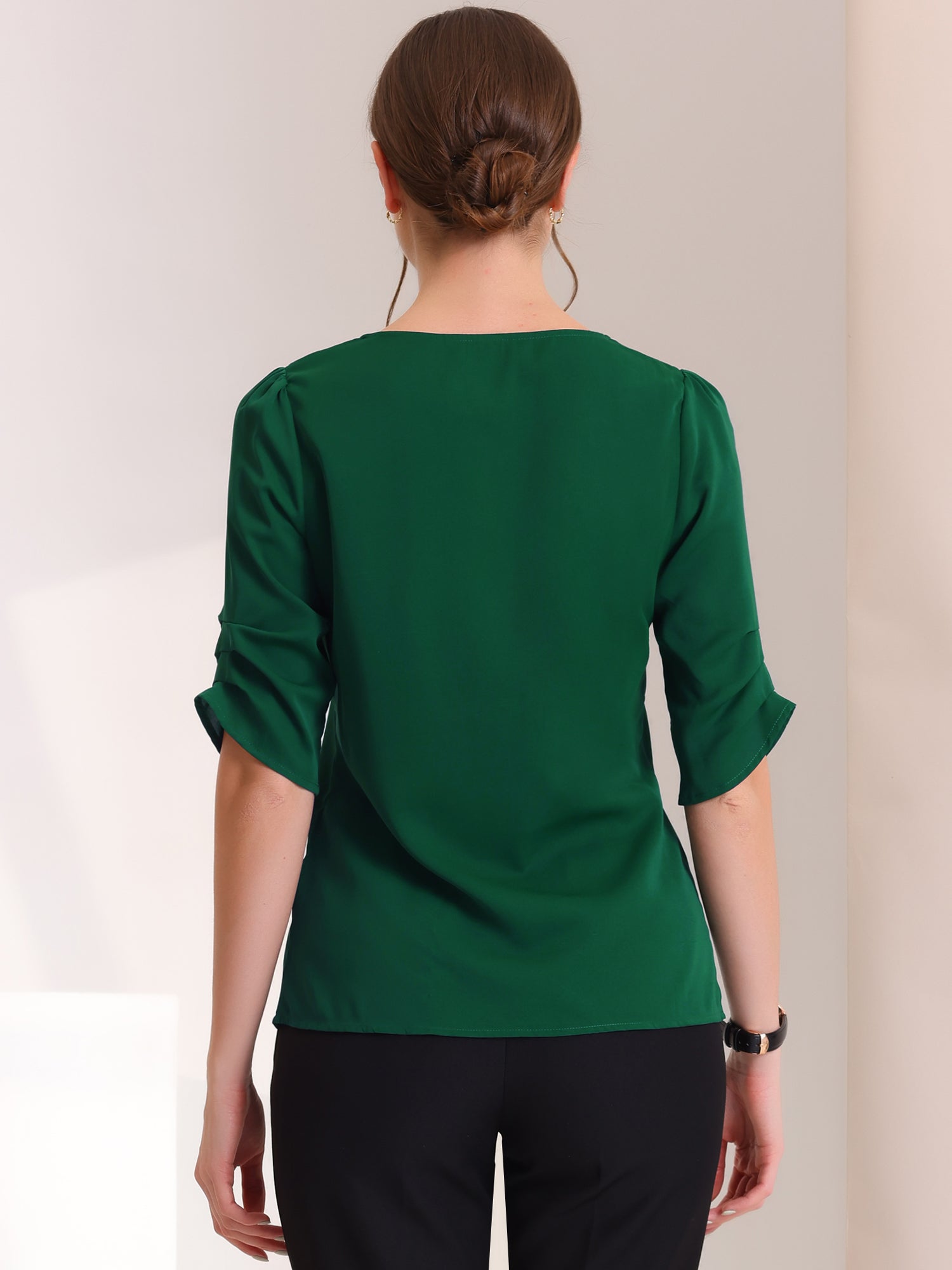 Square Neck Pleated Tops Ruched Sleeve Chiffon Office Work Blouse