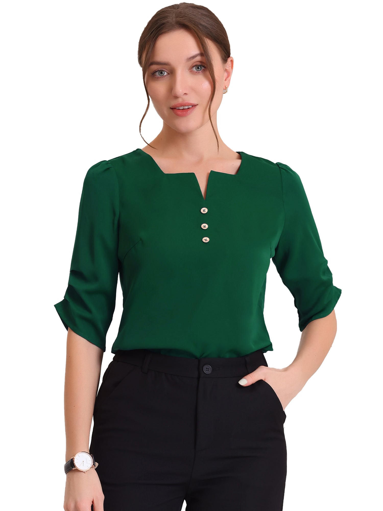 Square Neck Pleated Tops Ruched Sleeve Chiffon Office Work Blouse