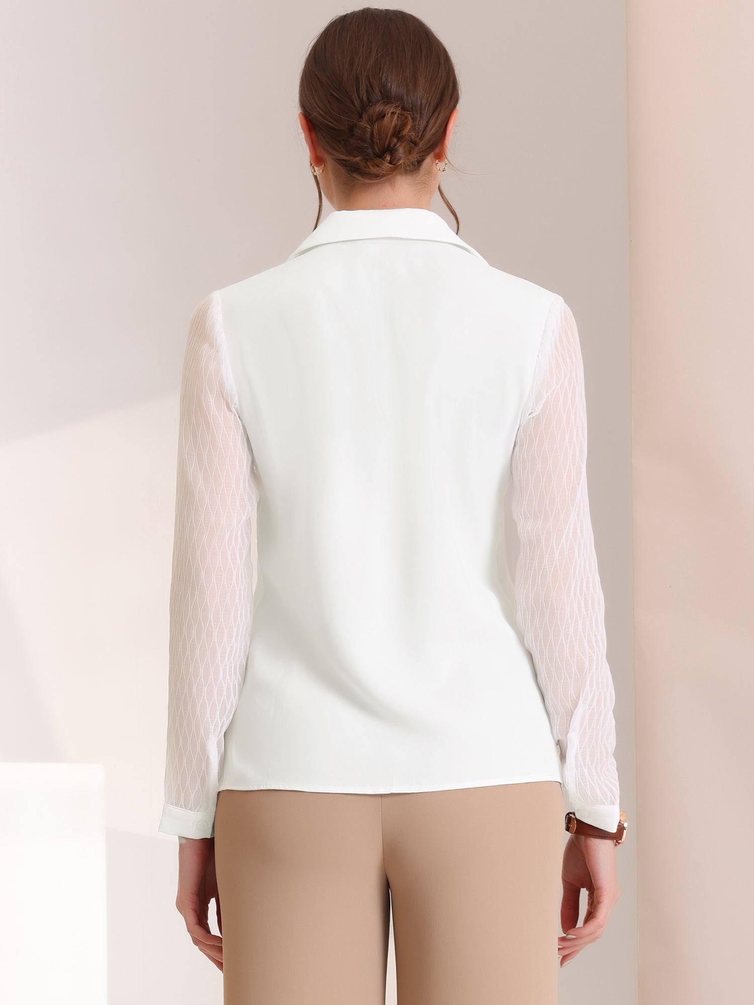V Neck Point Collar Mesh Sleeve Button Down Work Office Shirt