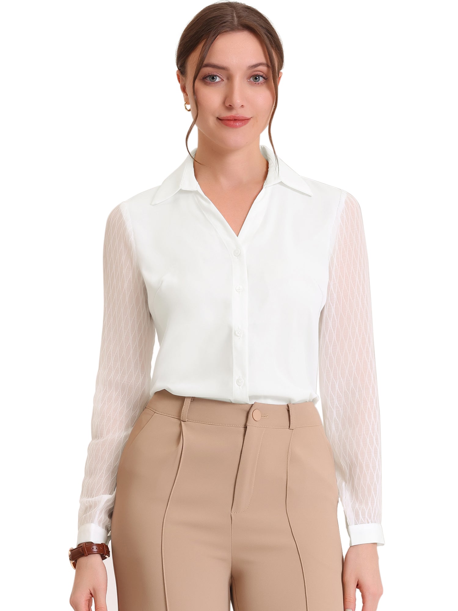 V Neck Point Collar Mesh Sleeve Button Down Work Office Shirt