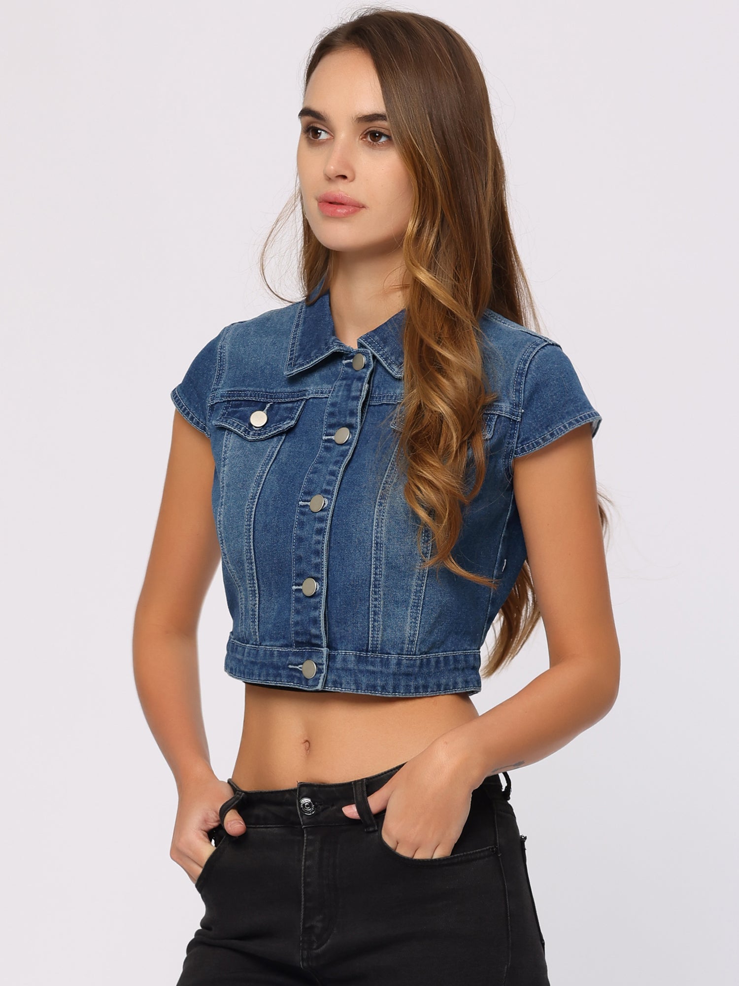 Summer Button Down Cap Short Sleeve Cropped Jean Denim Jacket