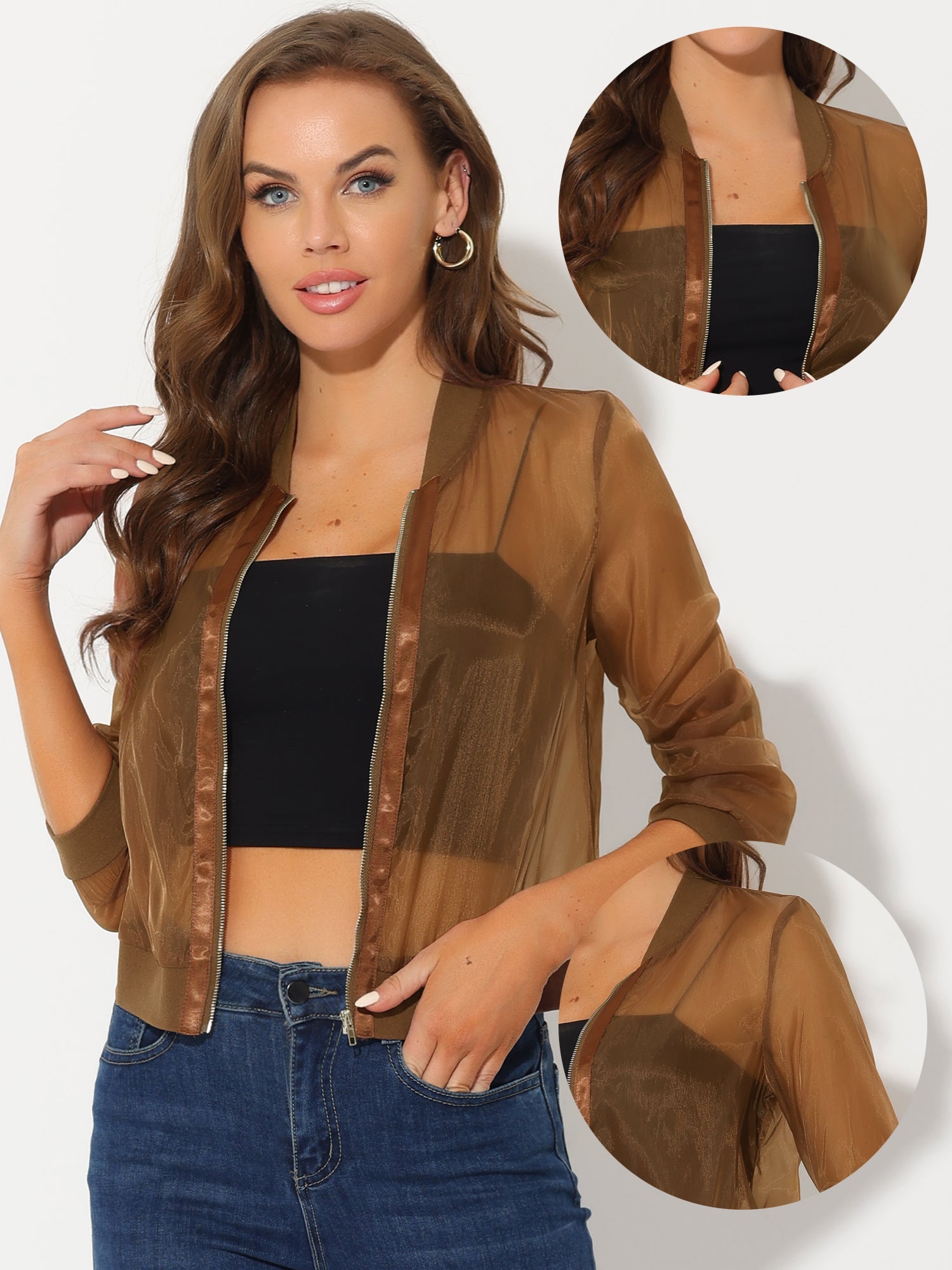 Zip Up See Through Lightweight Long Sleeve Mesh Bomber Jacket