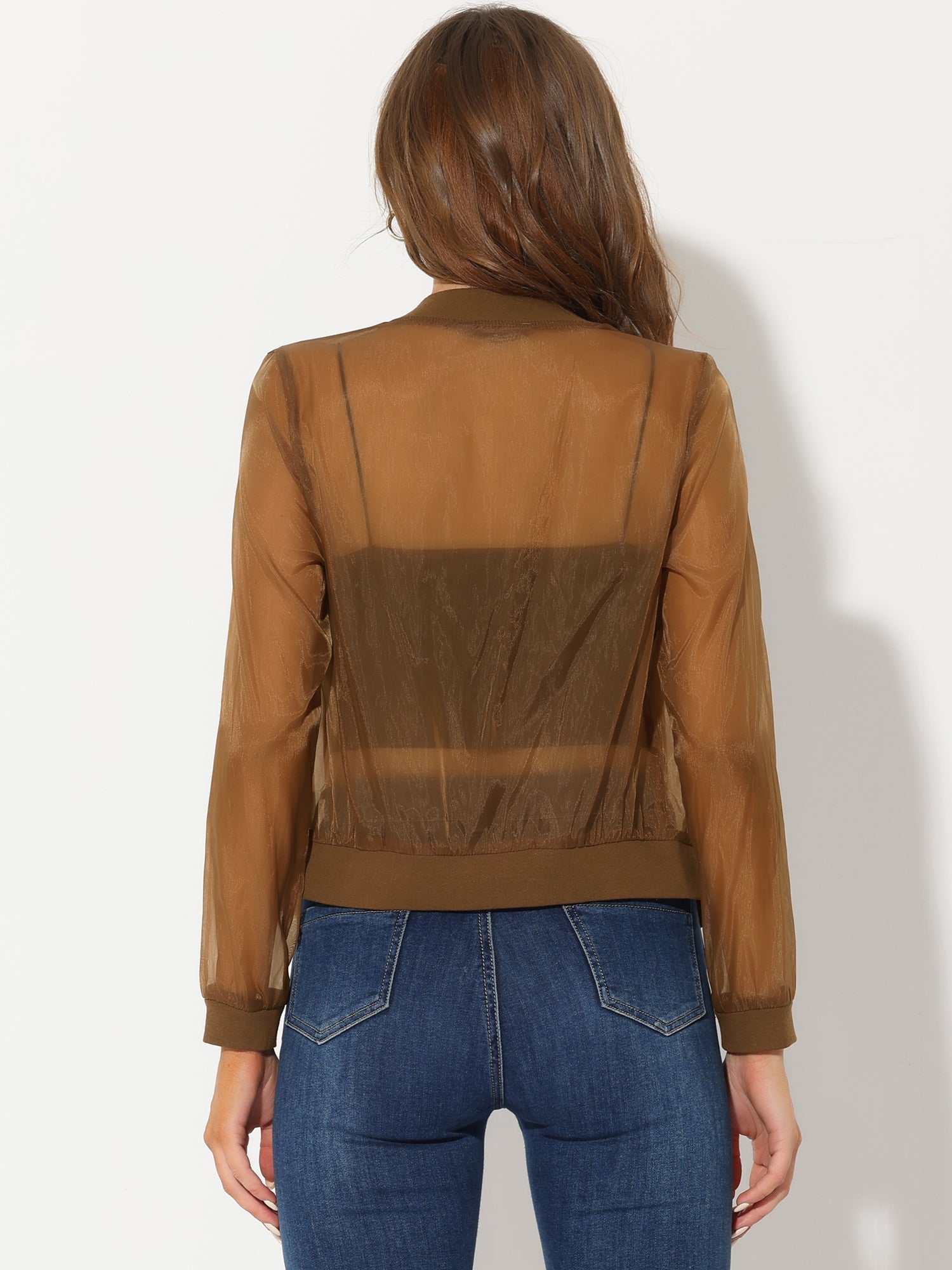Zip Up See Through Lightweight Long Sleeve Mesh Bomber Jacket