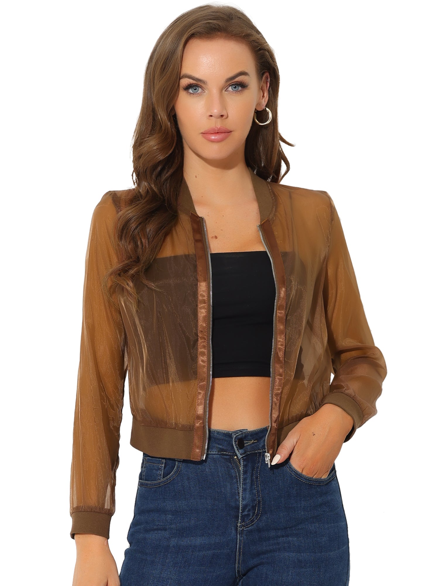 Zip Up See Through Lightweight Long Sleeve Mesh Bomber Jacket