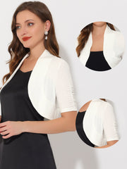 Short Ruched Sleeve Open Front Knit Cropped Bolero Shrugs