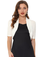 Short Ruched Sleeve Open Front Knit Cropped Bolero Shrugs